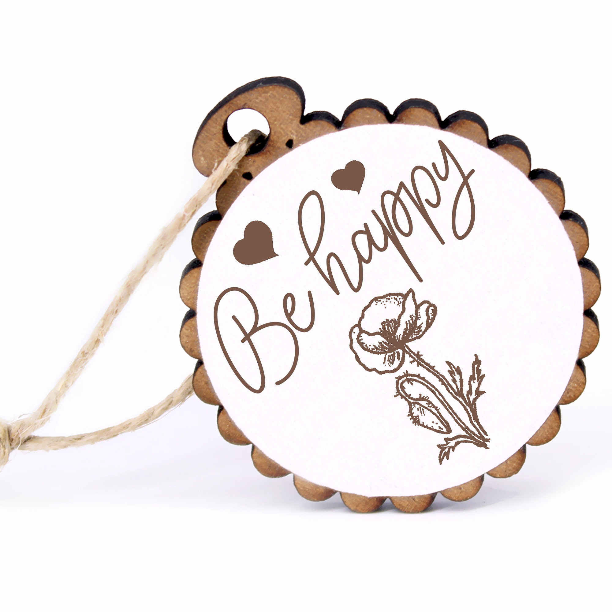 Geschenkanhänger - Be Happy Mohn -  Holz Ø-5cm - mit Juteband