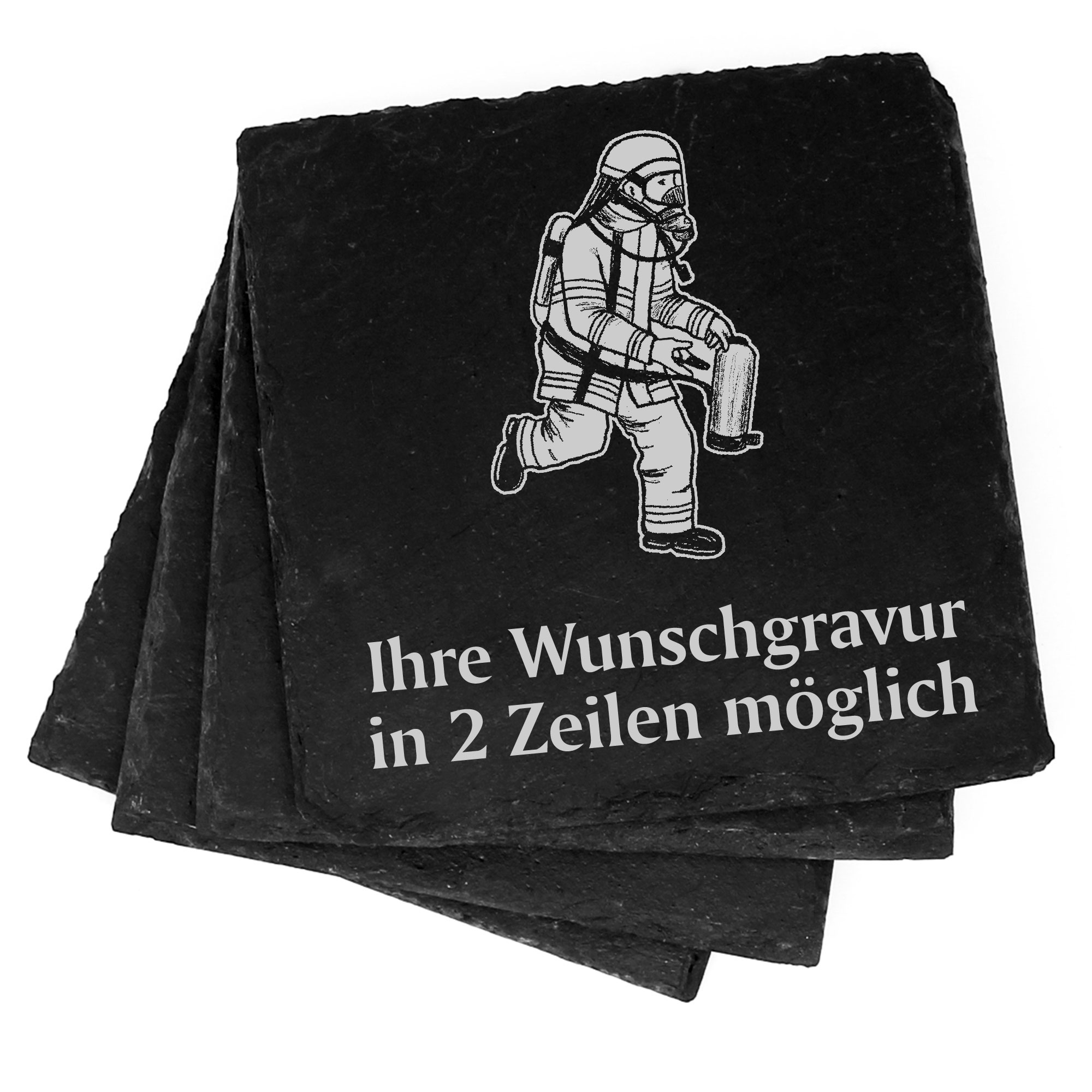 4x laufender Feuerwehrmann Deko Schiefer Untersetzer Wunschgravur Set - 11 x 11 cm