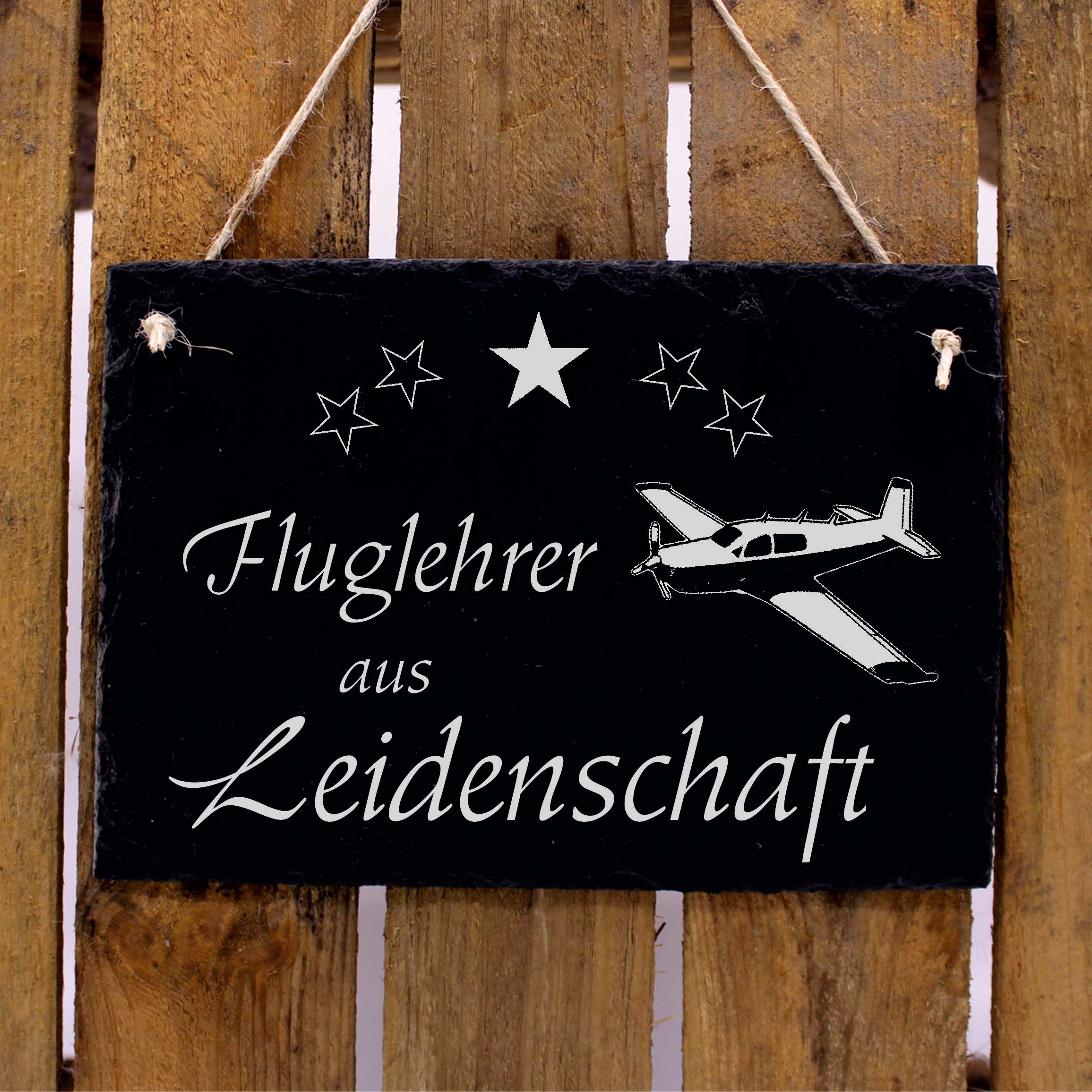 Schiefertafel Fluglehrer aus Leidenschaft - Propeller Flugzeug 22x16 cm