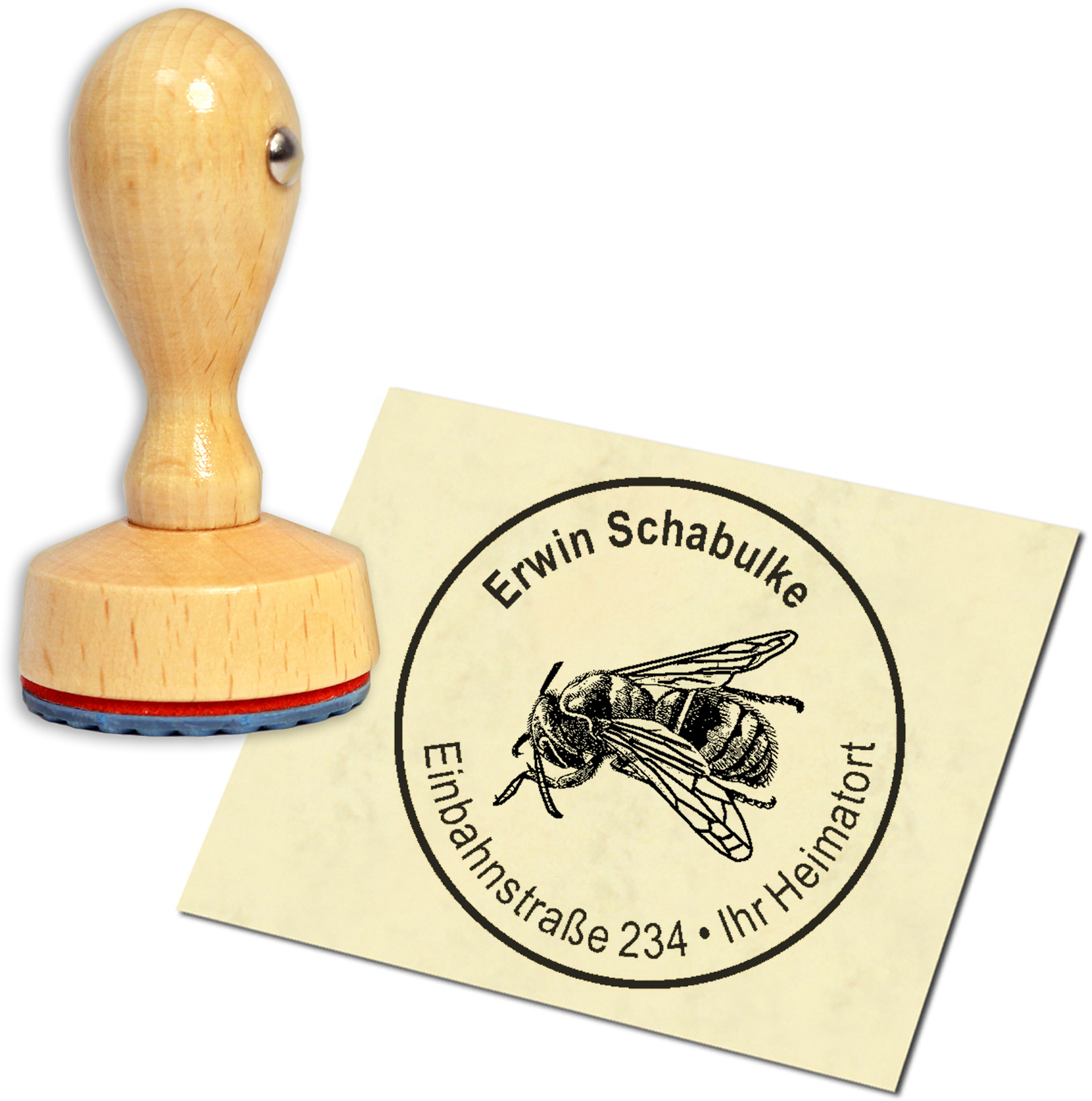 Stempel Adressstempel Holzstempel - Biene Sitzend - rund 40mm