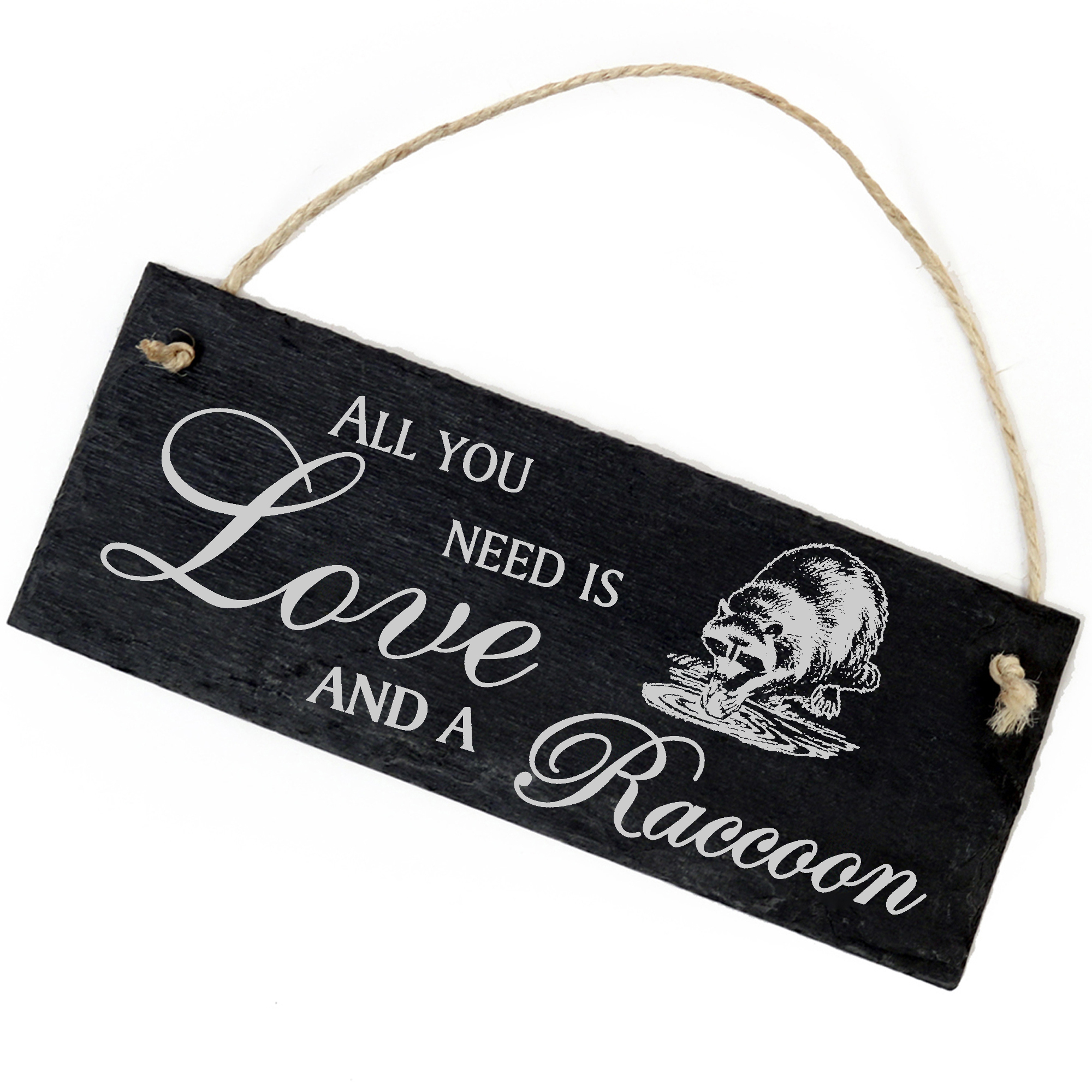 Schiefertafel Deko Waschbär Schild 22 x 8 cm - All you need is Love and a Raccoon