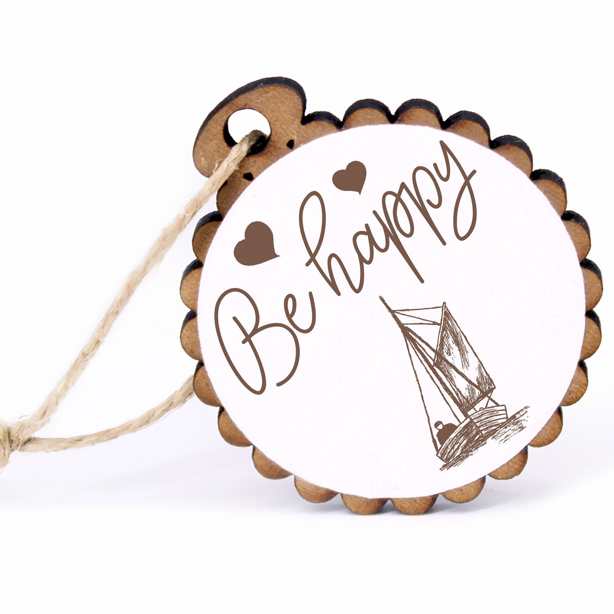 Geschenkanhänger - Be Happy Zeesenboot -  Holz Ø-5cm - mit Juteband