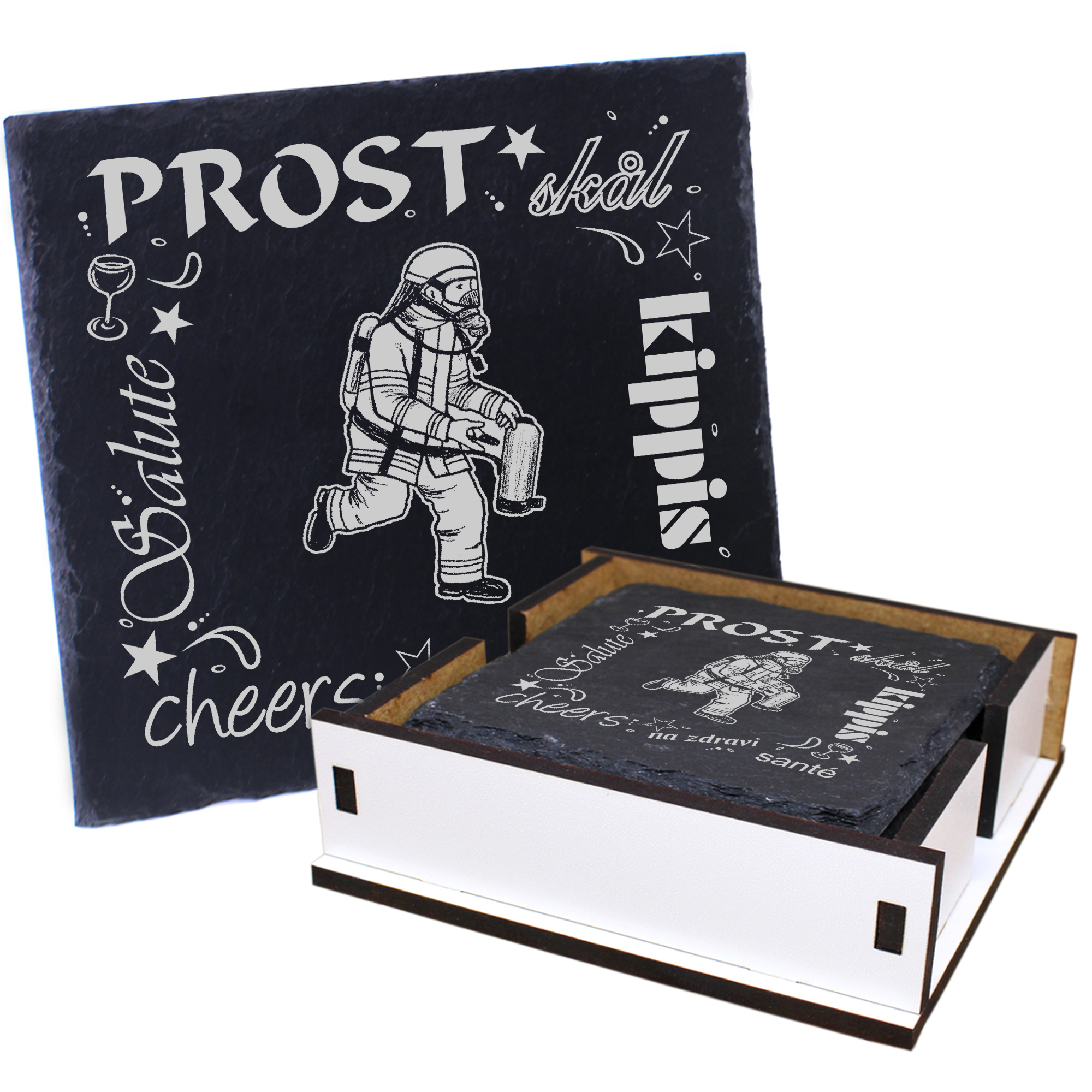 5 x Schiefer Untersetzer - Prost laufender Feuerwehrmann - inkl. Holzbox & Flaschenuntersetzer