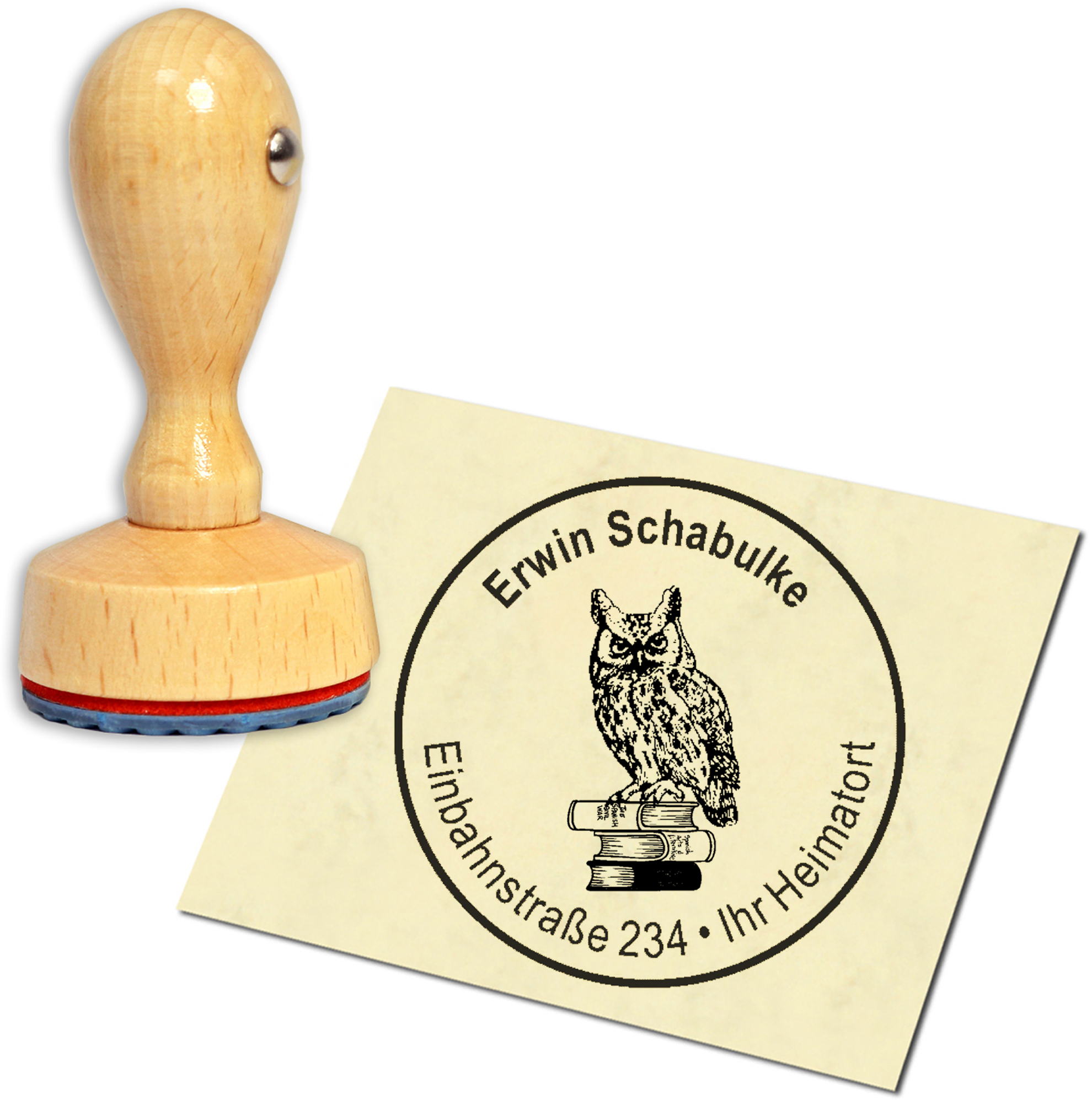 Stempel Adressstempel Holzstempel - Eule auf Buch - rund 40mm
