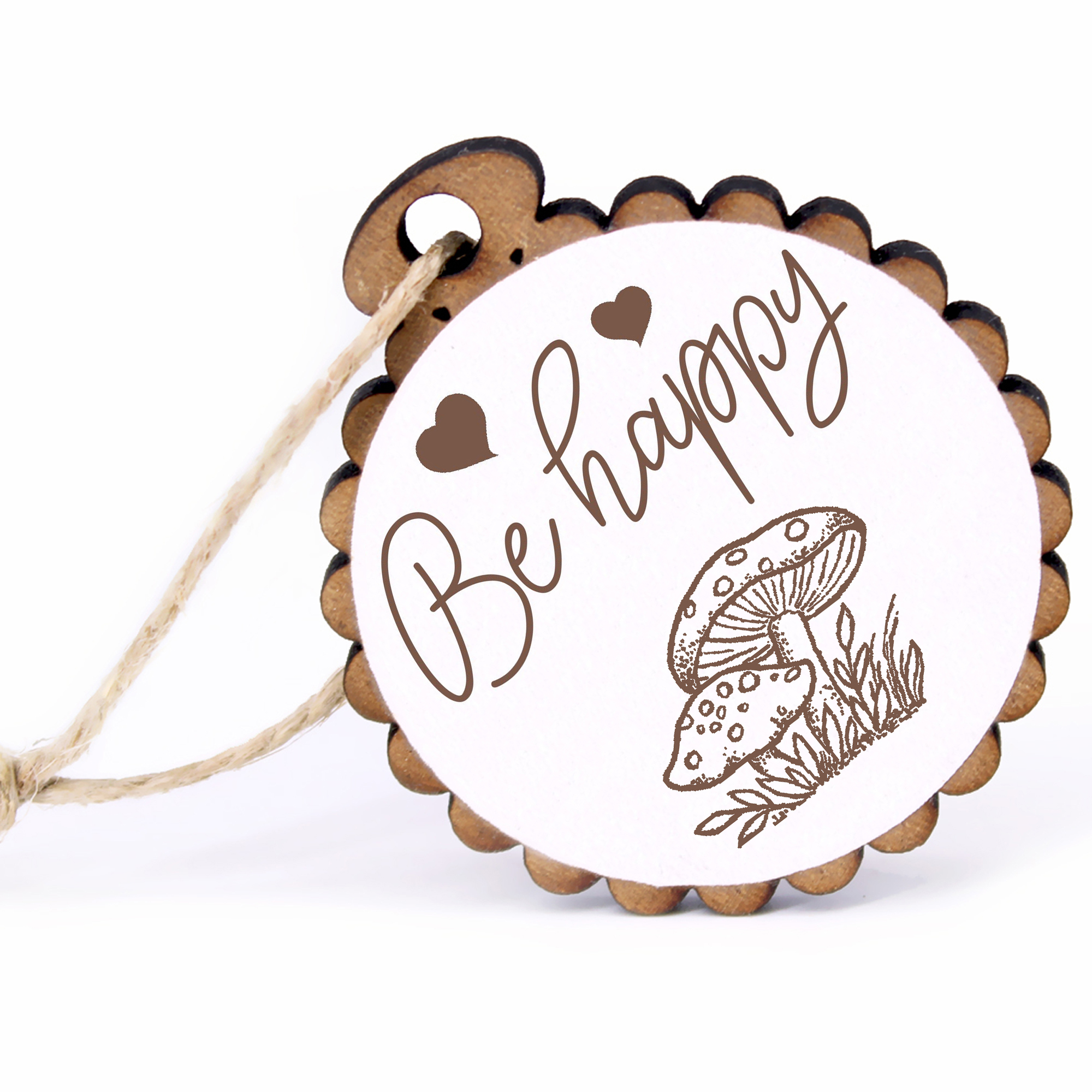 Geschenkanhänger - Be Happy Fliegenpilze -  Holz Ø-5cm - mit Juteband