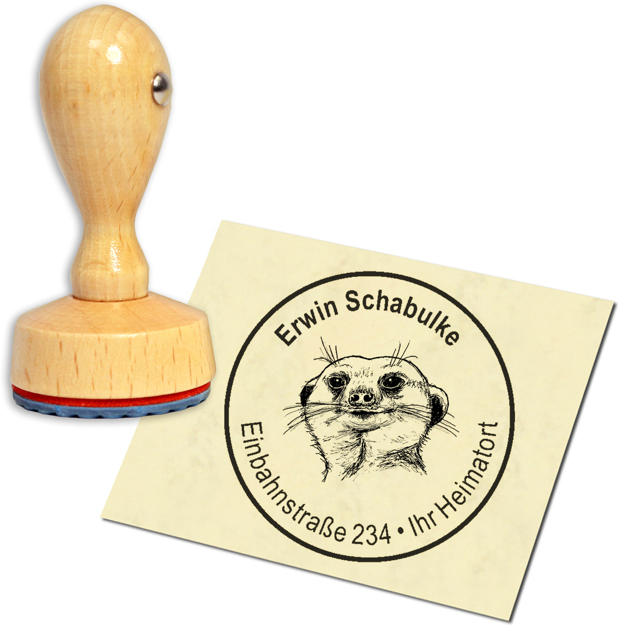Stempel Adressstempel Holzstempel - Erdmännchen Kopf - rund 40mm