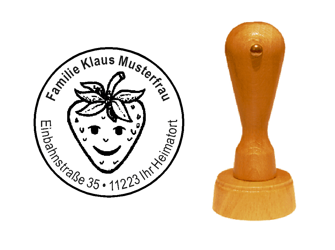 « Happy Erdbeere » Holzstempel mit persönlichem Wunschtext