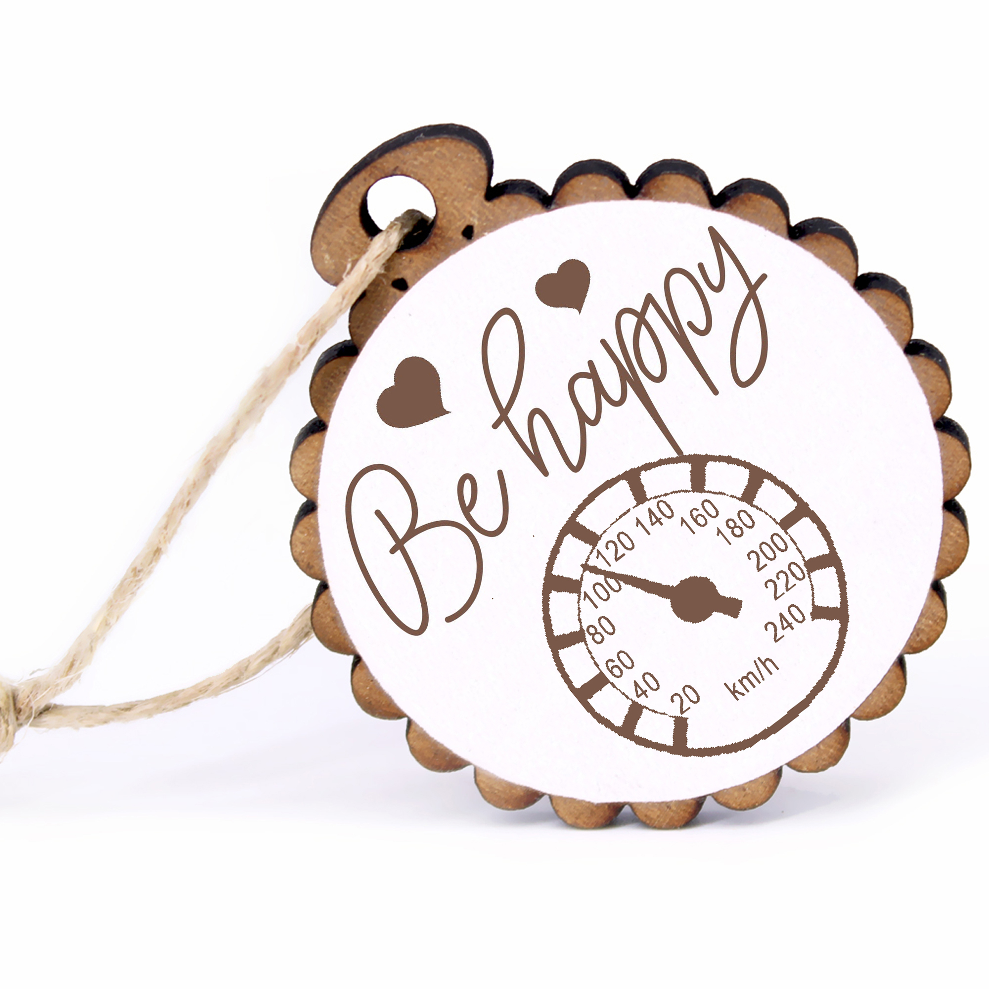 Geschenkanhänger - Be Happy Tacho -  Holz Ø-5cm - mit Juteband