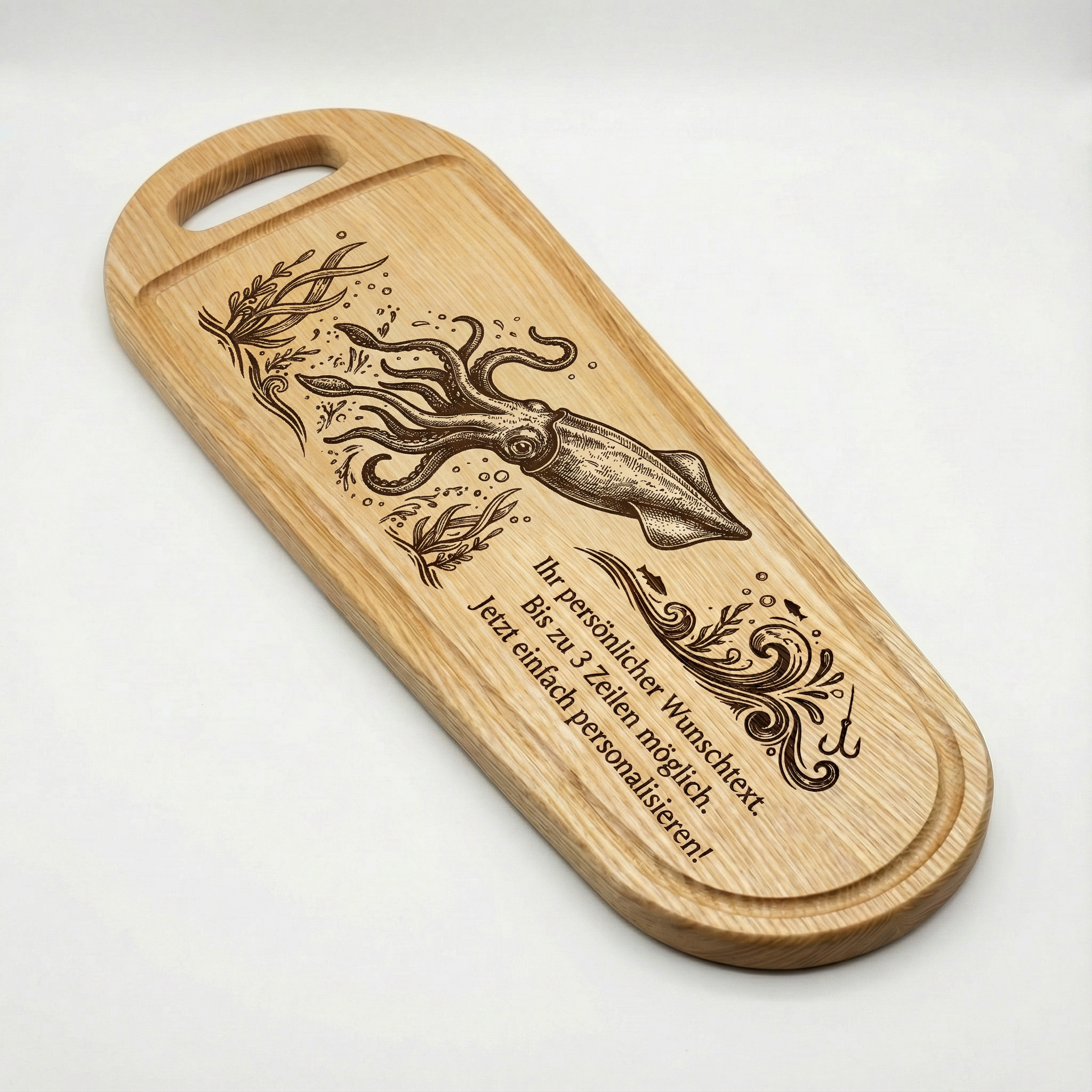 XXL Fisch Schneidebrett aus Esche mit Gravur – Tintenfisch –  60x20cm - Angler Griller Koch