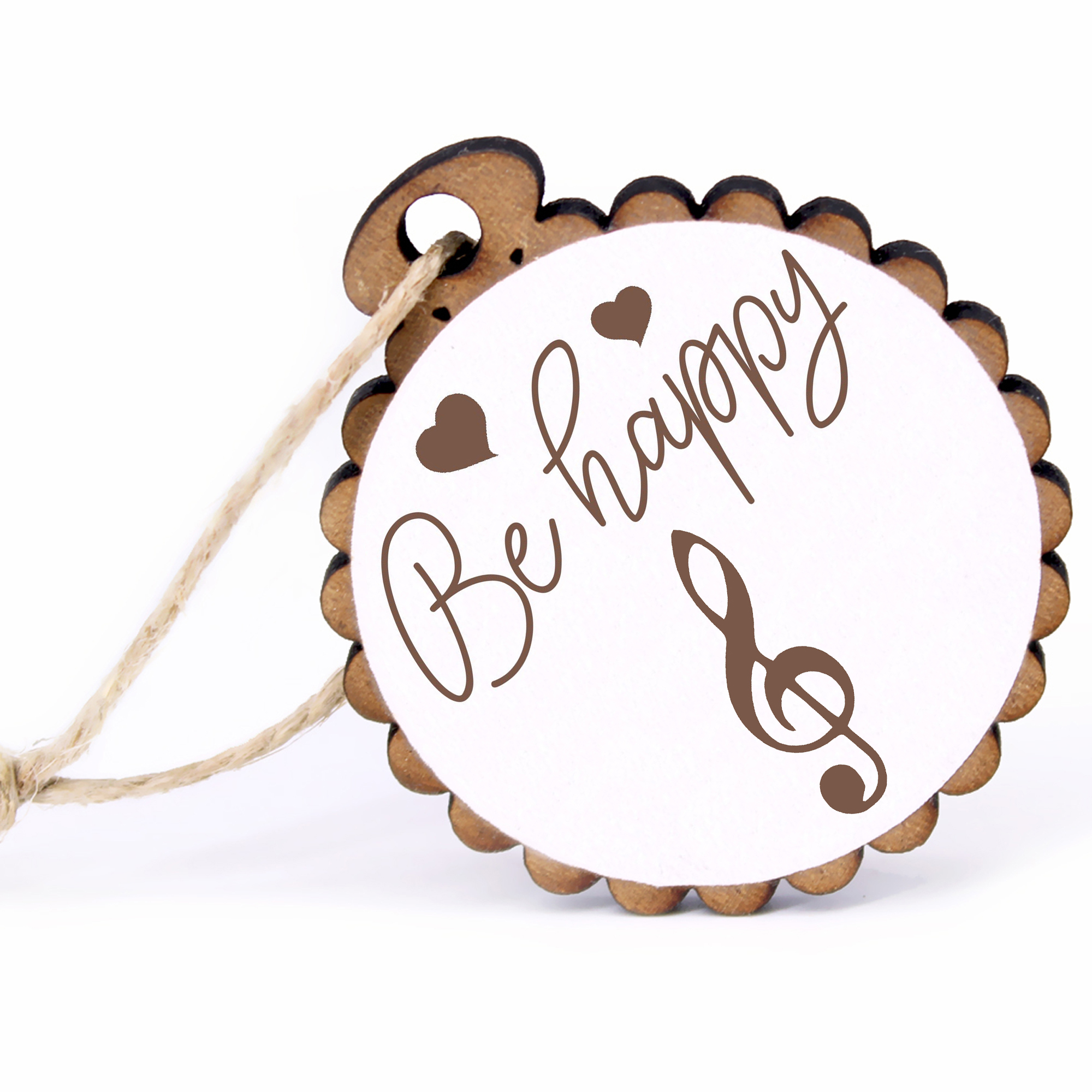 Geschenkanhänger - Be Happy Notenschlüssel -  Holz Ø-5cm - mit Juteband