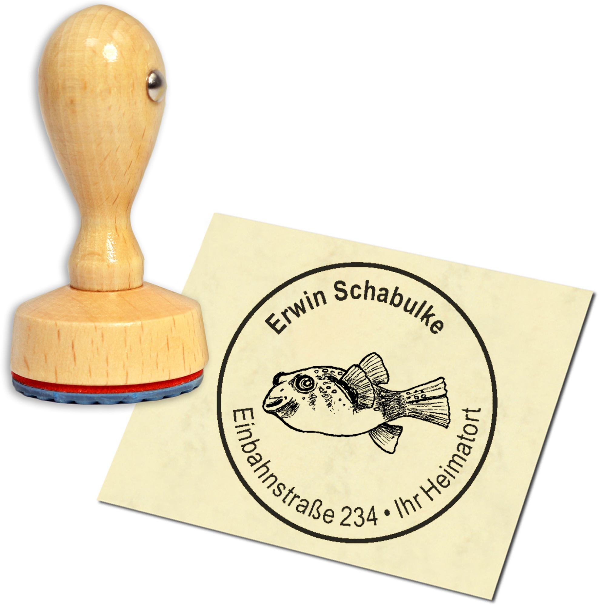 Stempel Adressstempel Holzstempel - Kugelfisch - rund 40mm