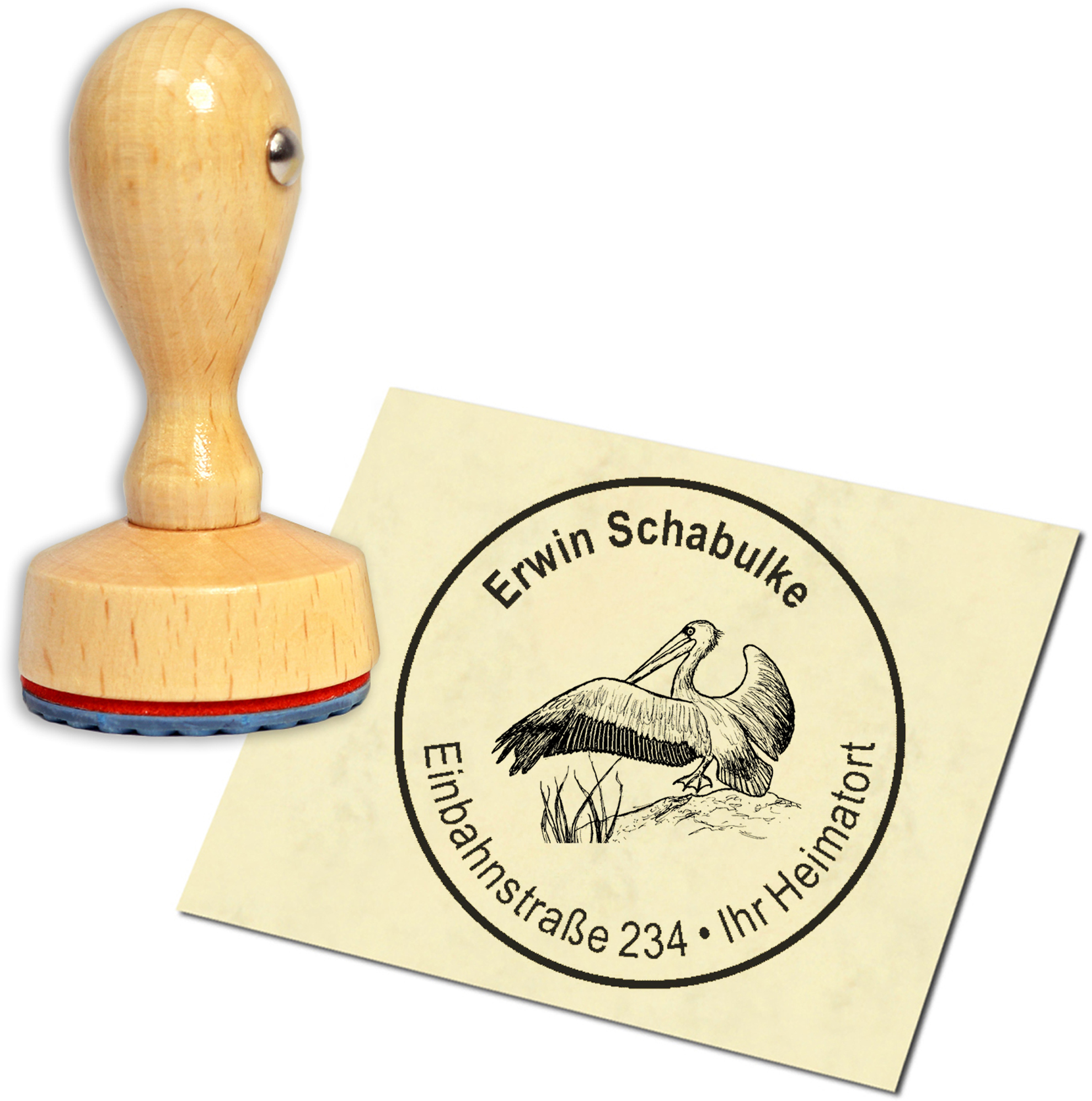 Stempel Adressstempel Holzstempel - fliegender Pelikan - rund 40mm