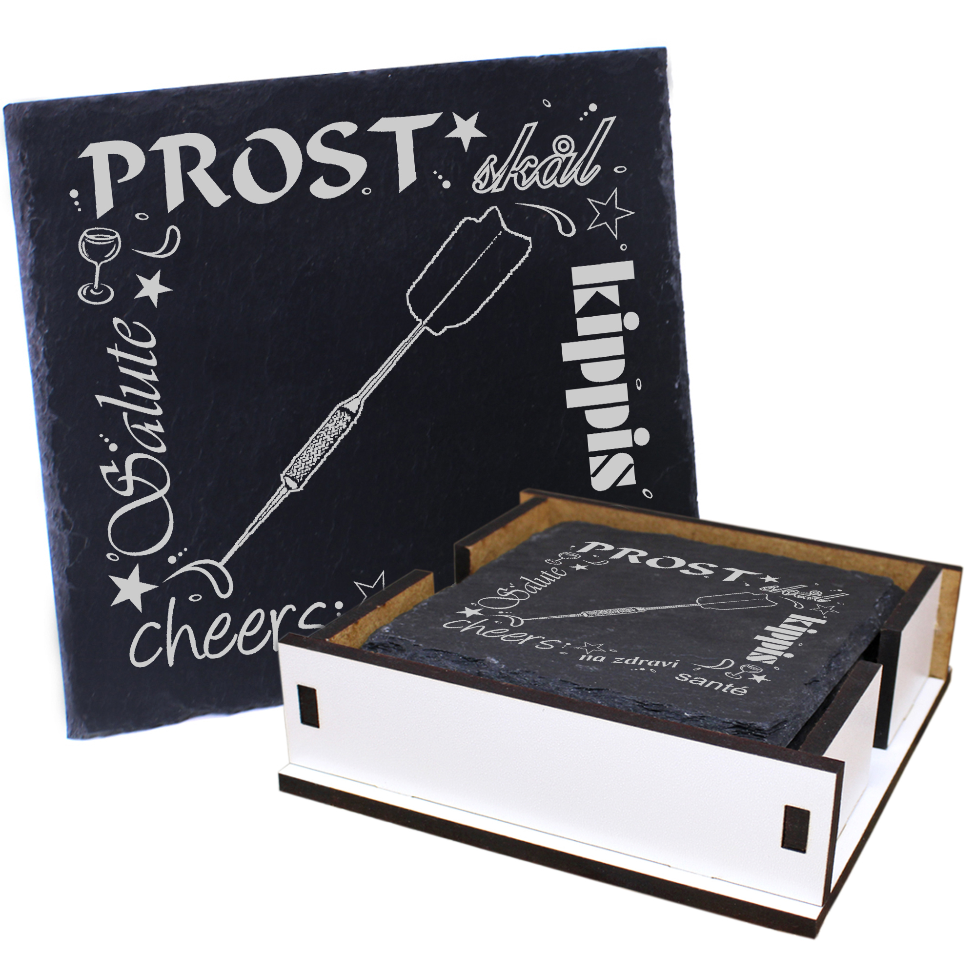 5 x Schiefer Untersetzer - Prost Dartpfeil - inkl. Holzbox & Flaschenuntersetzer