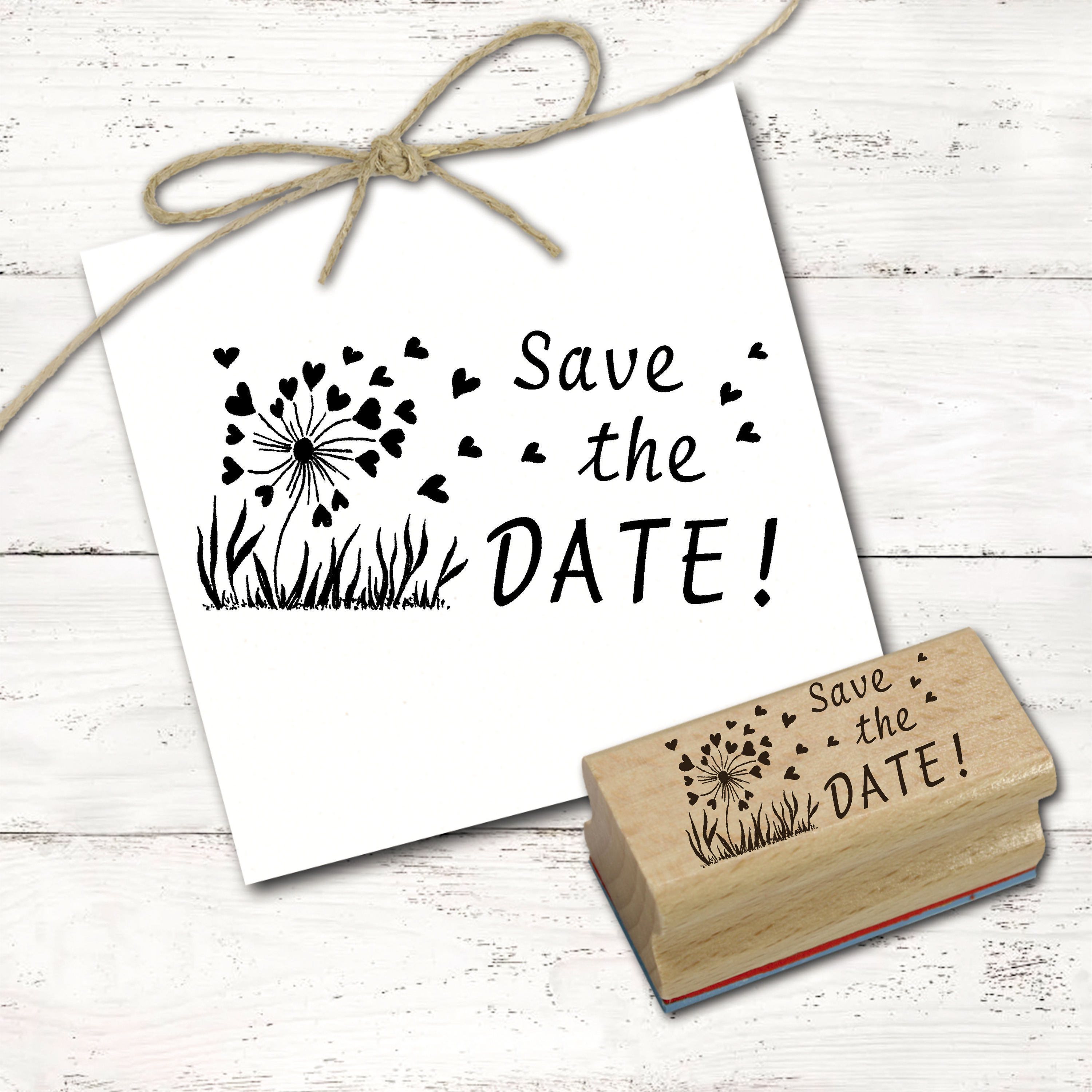 Motivstempel Save the date Pusteblume mit Herzen Stempel - Hochzeitsstempel Holzstempel 58mm x 28mm 