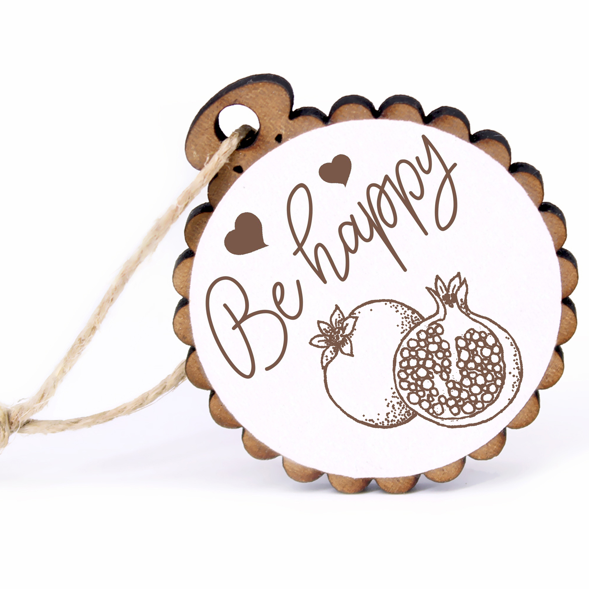Geschenkanhänger - Be Happy Granatapfel -  Holz Ø-5cm - mit Juteband