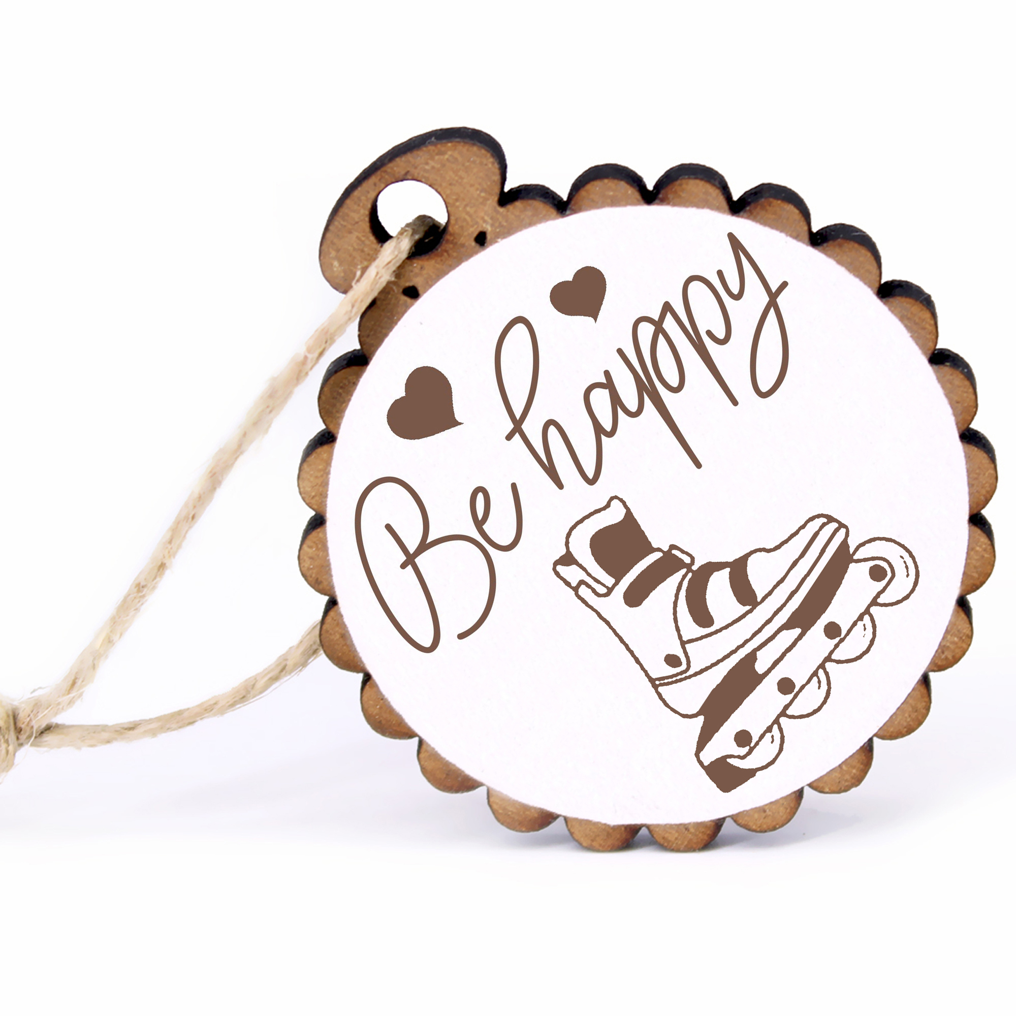 Geschenkanhänger - Be Happy Inliner -  Holz Ø-5cm - mit Juteband