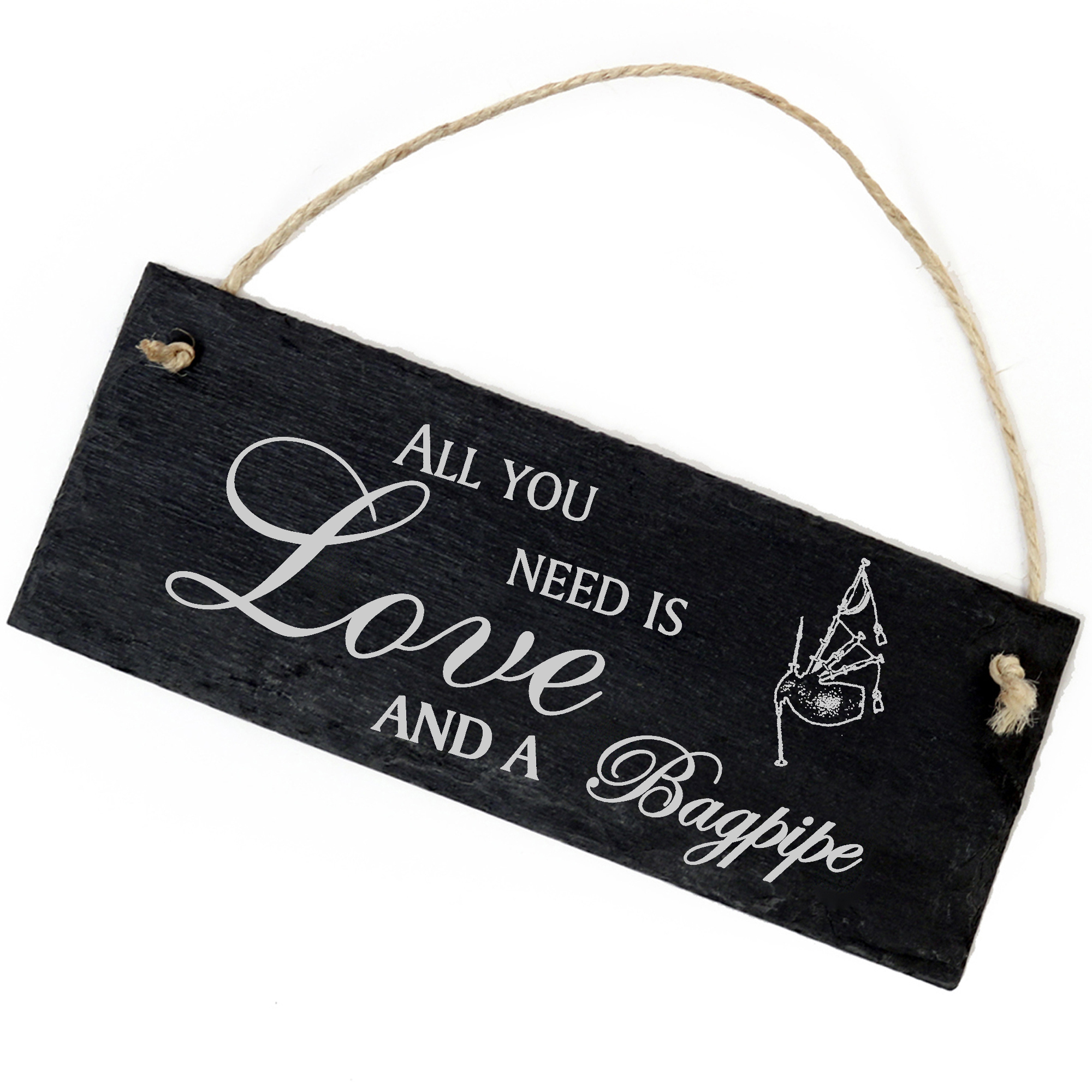 Schiefertafel Deko Dudelsack Schild 22 x 8 cm - All you need is Love and a Bagpipe