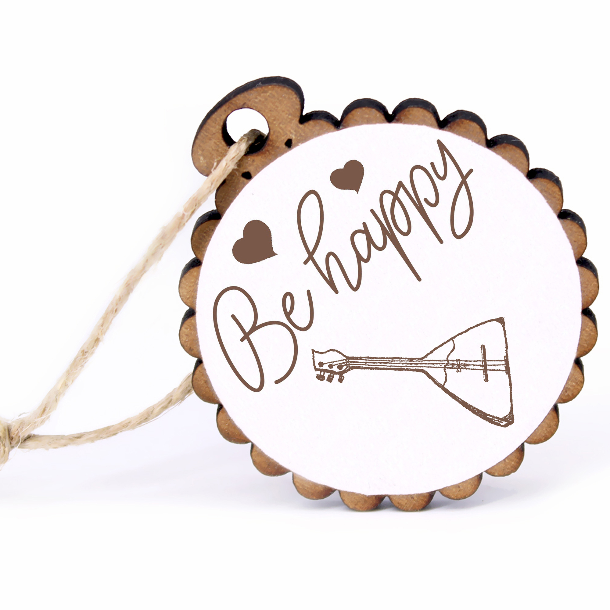 Geschenkanhänger - Be Happy Balalaika -  Holz Ø-5cm - mit Juteband