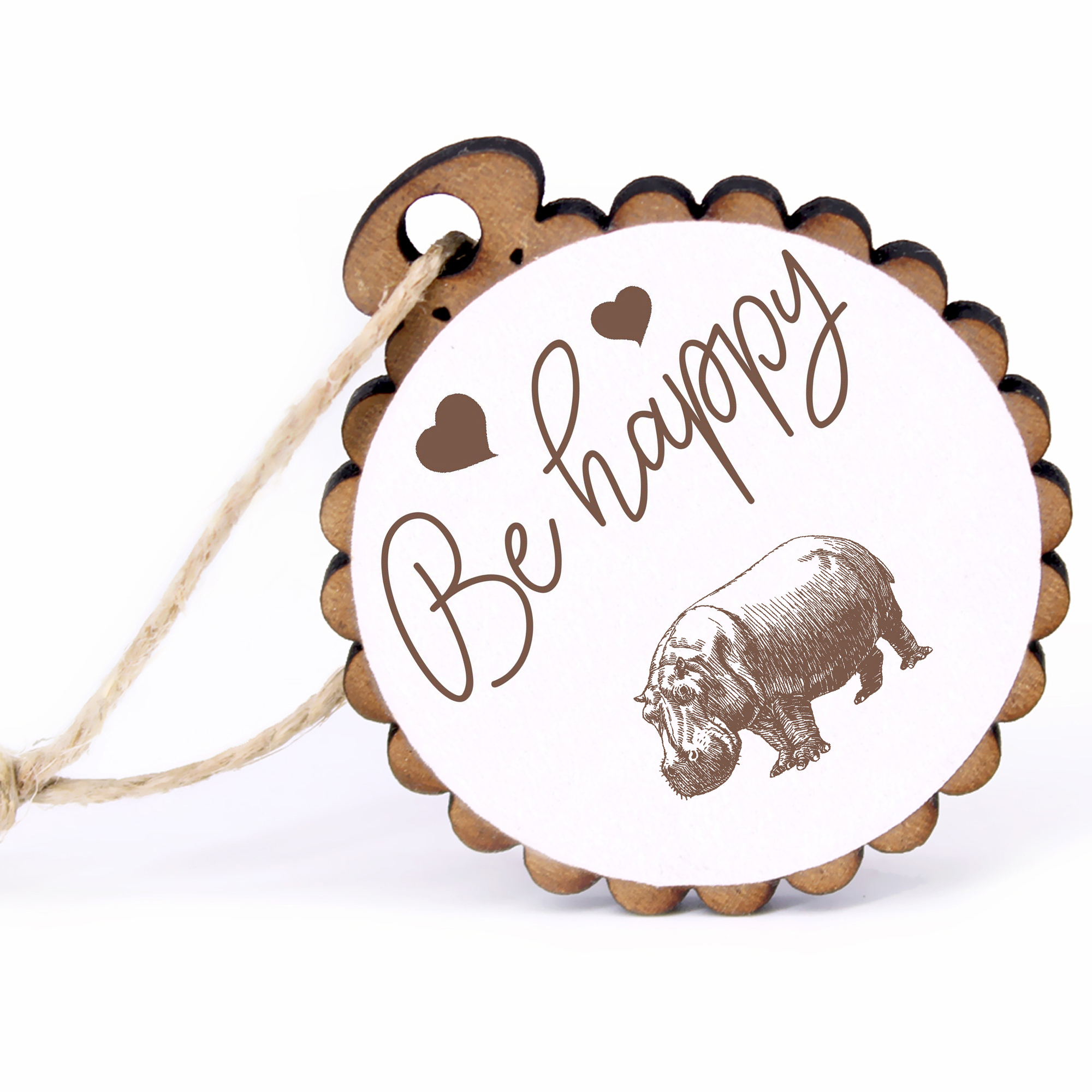 Geschenkanhänger - Be Happy Nilpferd Hippo -  Holz Ø-5cm - mit Juteband