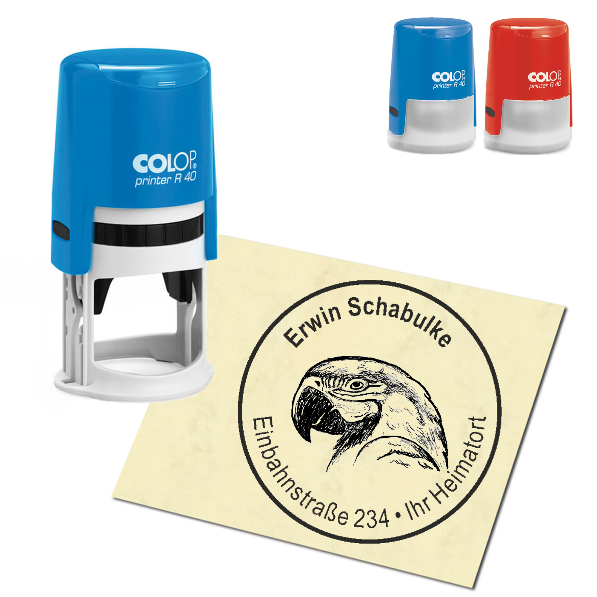 Stempel Adressstempel personalisiert - Papagei Ara Kopf - rund &empty; 40mm