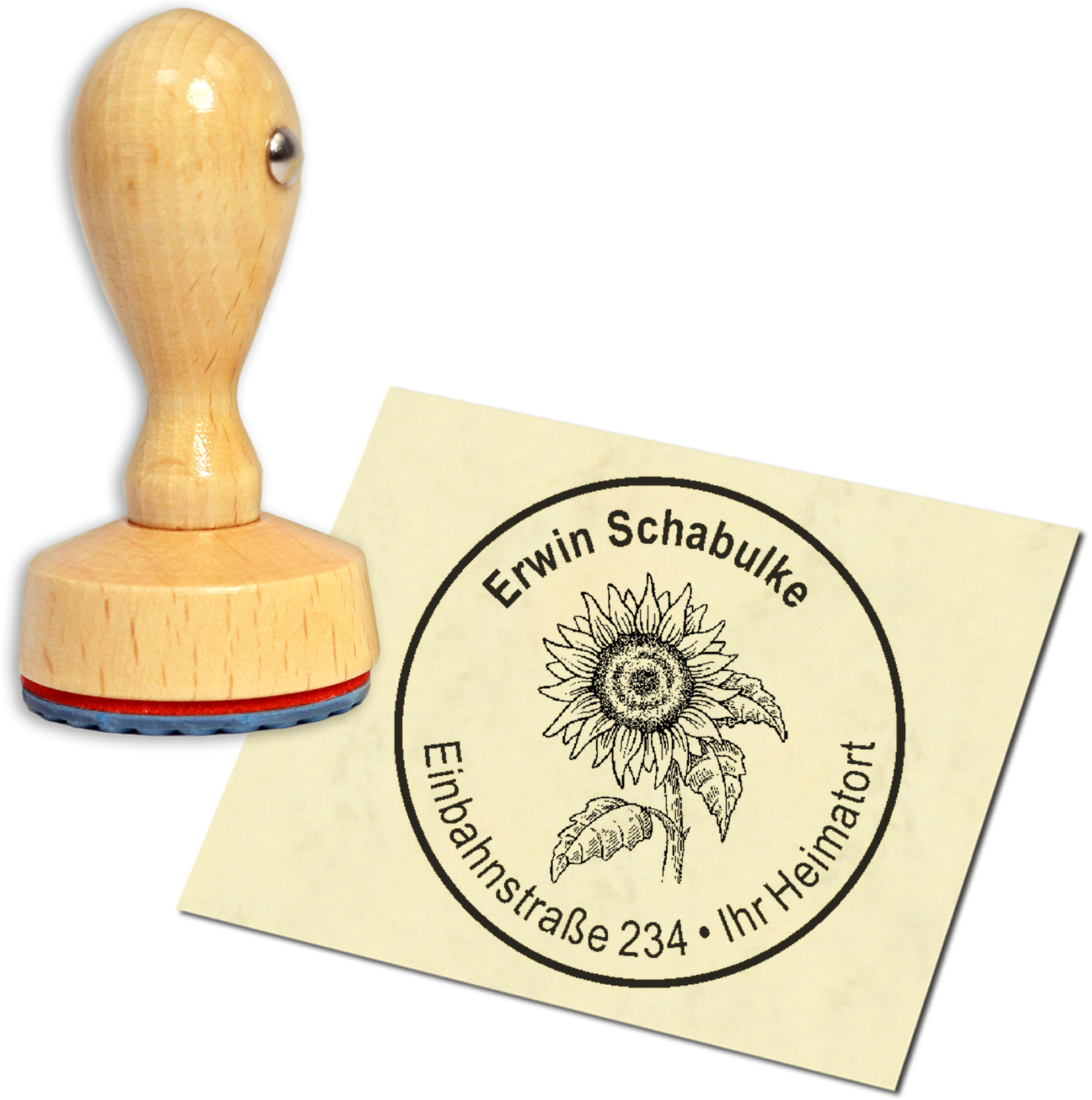 Stempel Adressstempel Holzstempel - Sonnenblume - rund 40mm