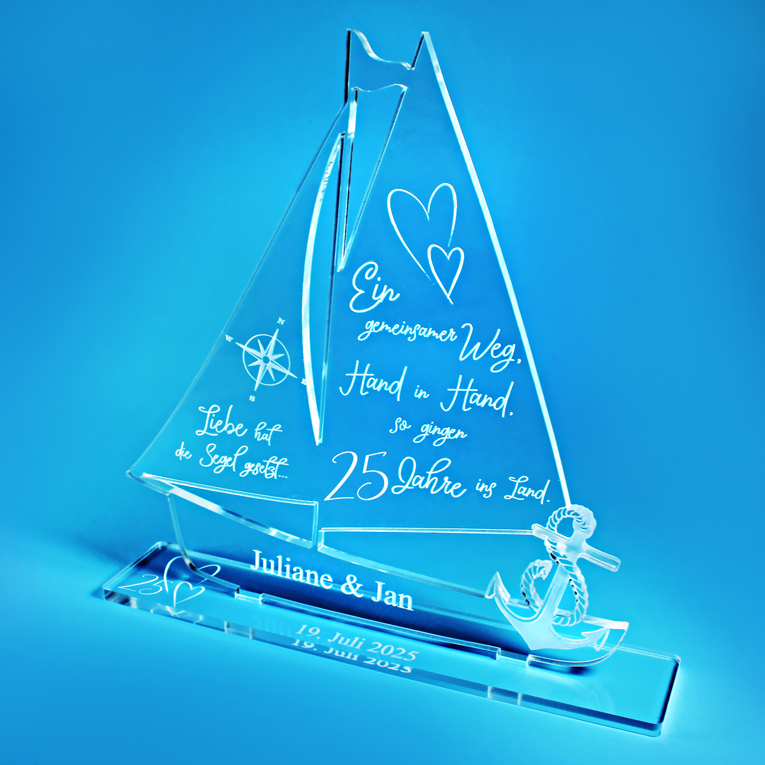 Geschenk Silberne Hochzeit personalisiertes Schiff aus Acryl 25 Silberhochzeit- Personalisierte Geschenke zur Silbernen Hochzeit 