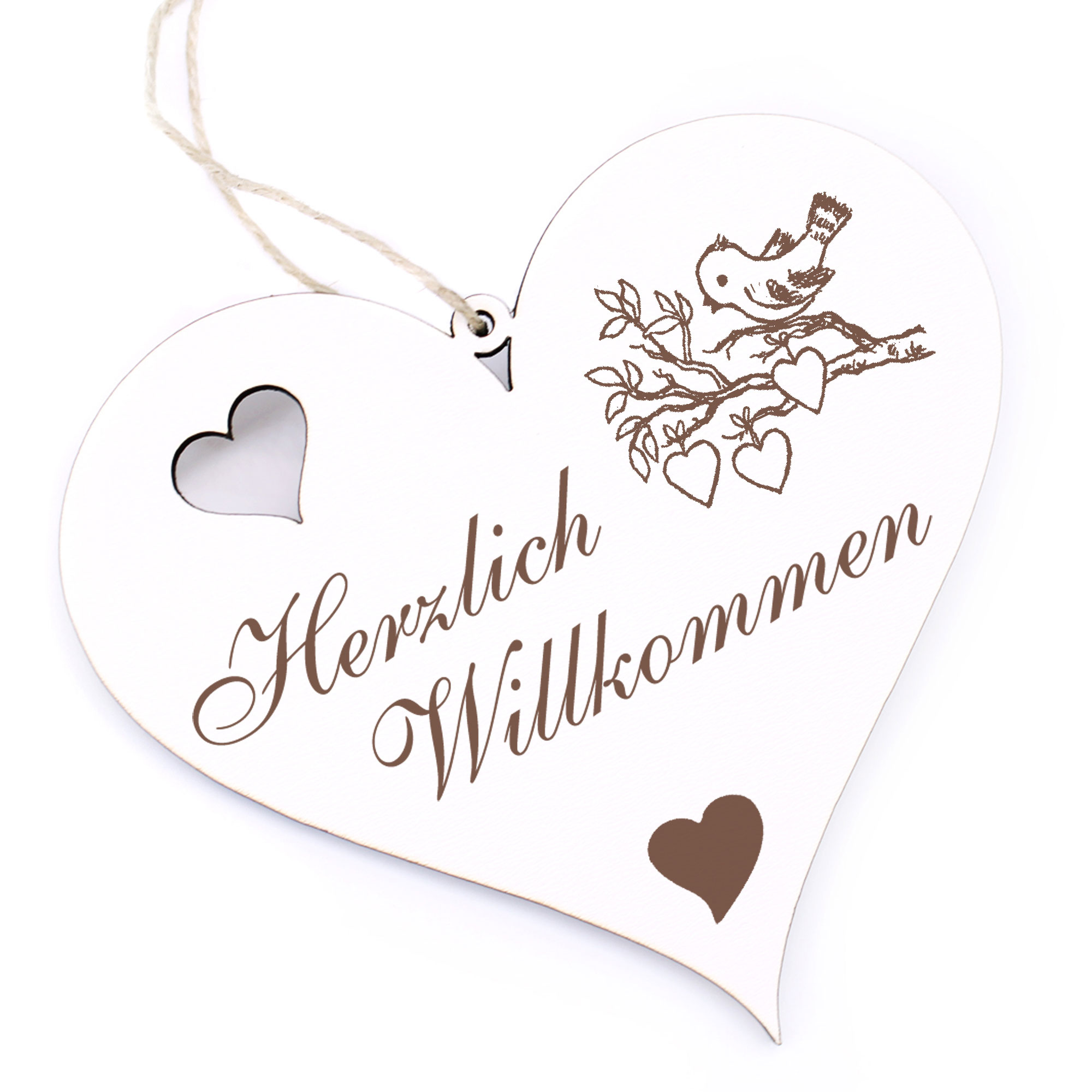 Herzlich Willkommen Schild - Vögelchen mit Herzen - Deko Herz Holz