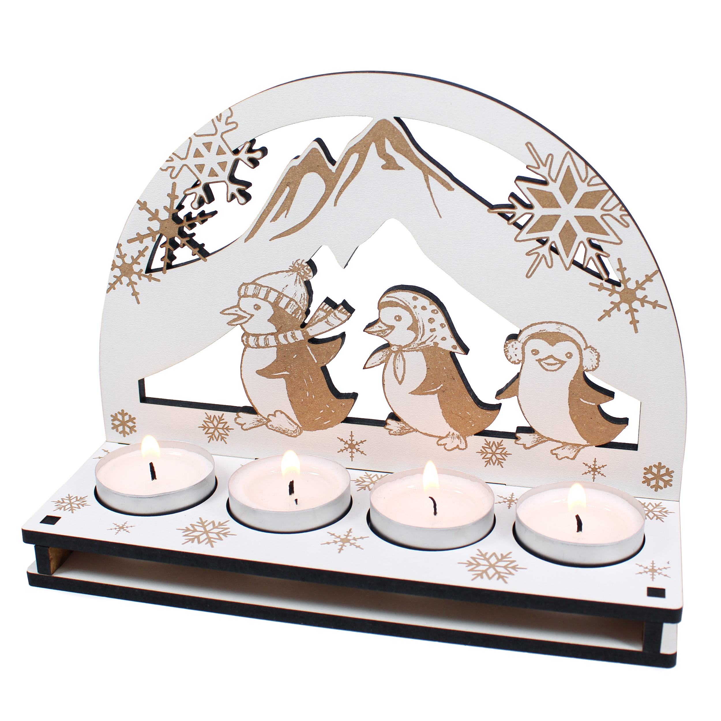 Teelichthalter „Pinguin Familie“ – Schwibbogen mit 4 Teelichtern – weiß mit brauner Gravur, 20×15 cm
