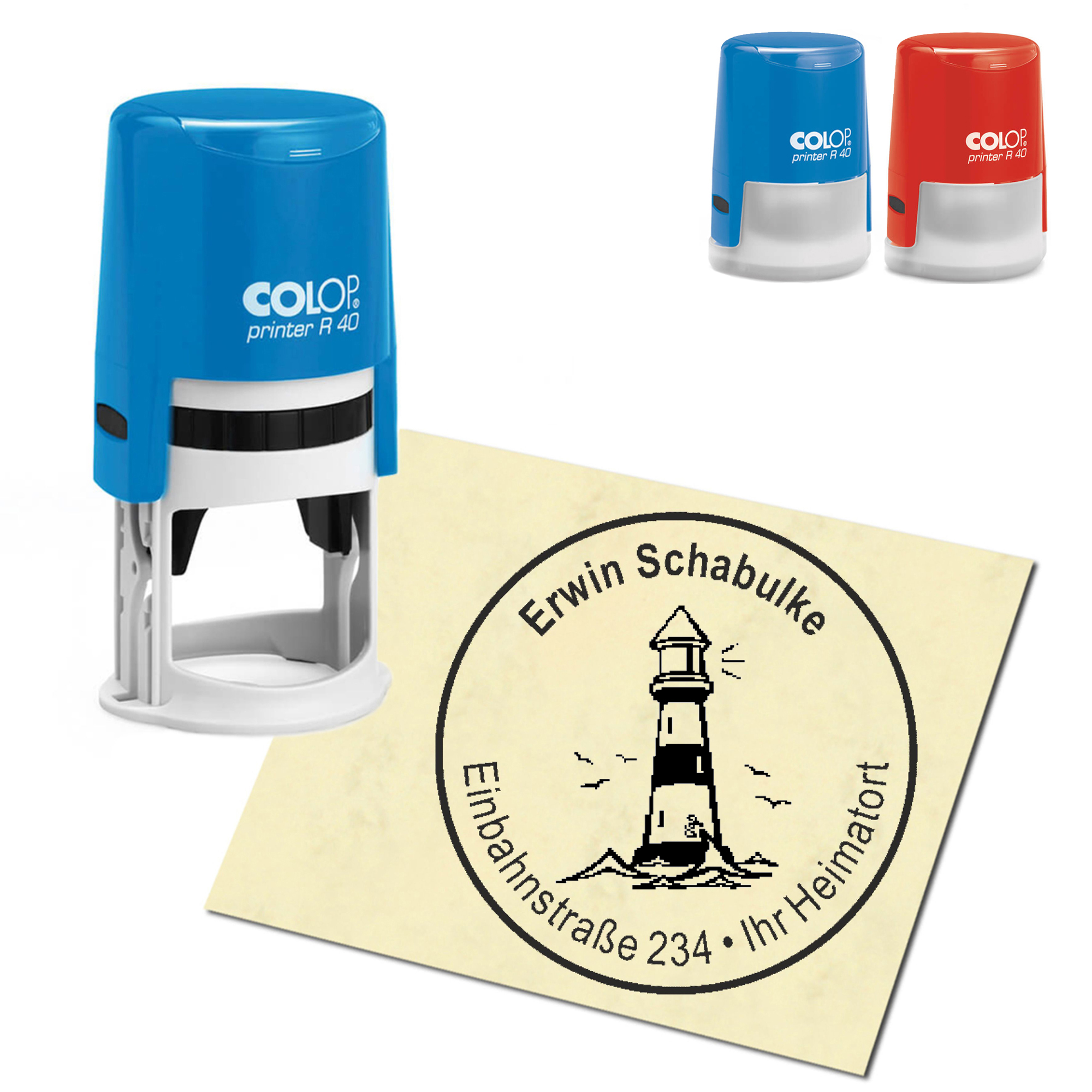 Stempel Adressstempel personalisiert - Leuchtturm Mit Vögel - rund &empty; 40mm