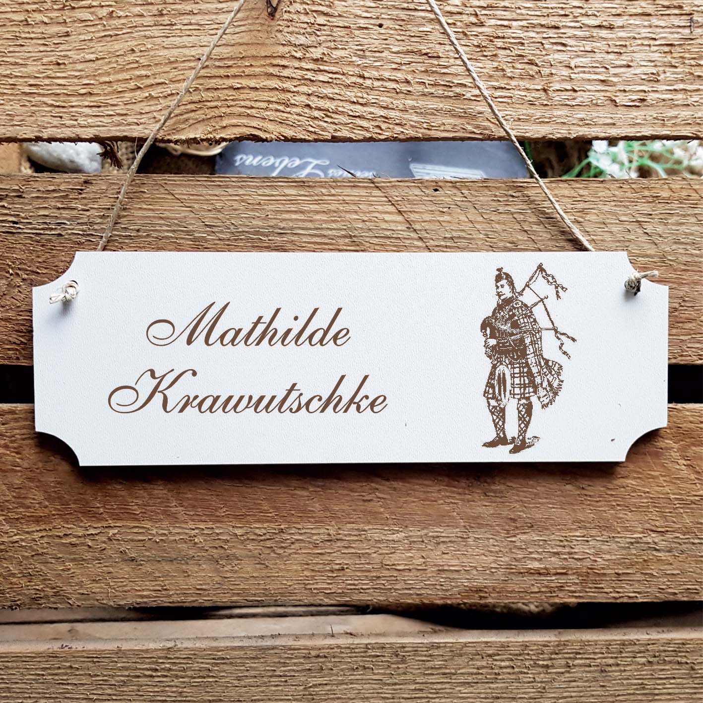 Schild « Dudelsackspieler » Namensschild Türschild zum Anhängen - 20 x 6,7 cm