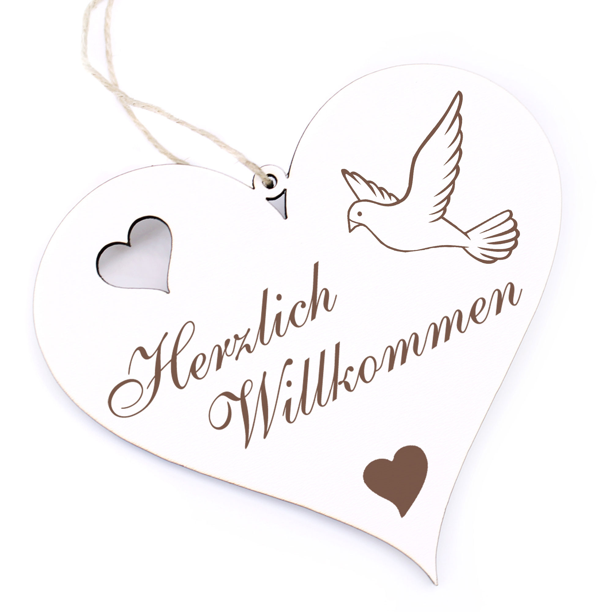 Herzlich Willkommen Schild - fliegende Taube - Deko Herz Holz