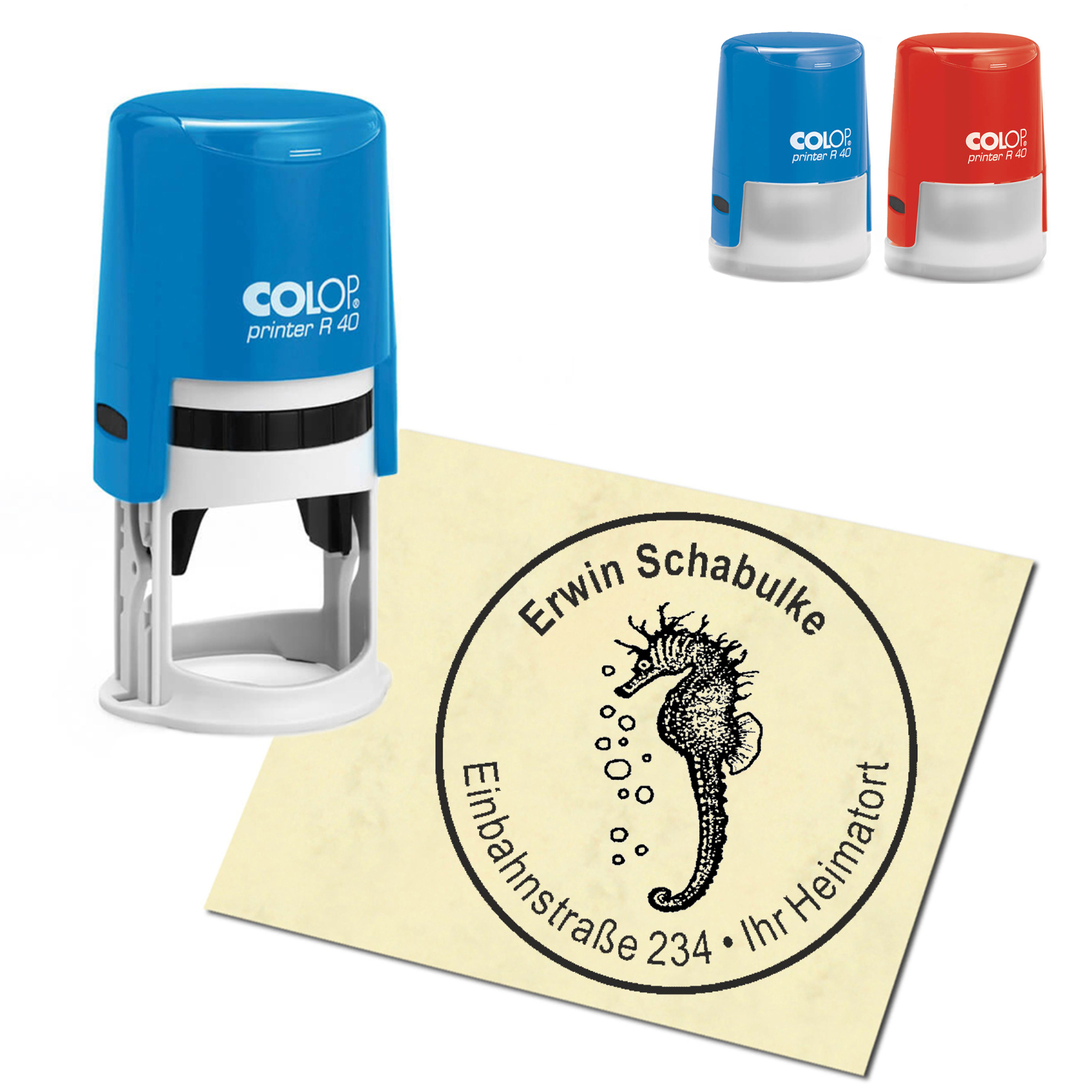 Stempel Adressstempel personalisiert - Seepferdchen mit Luftblasen - rund &empty; 40mm