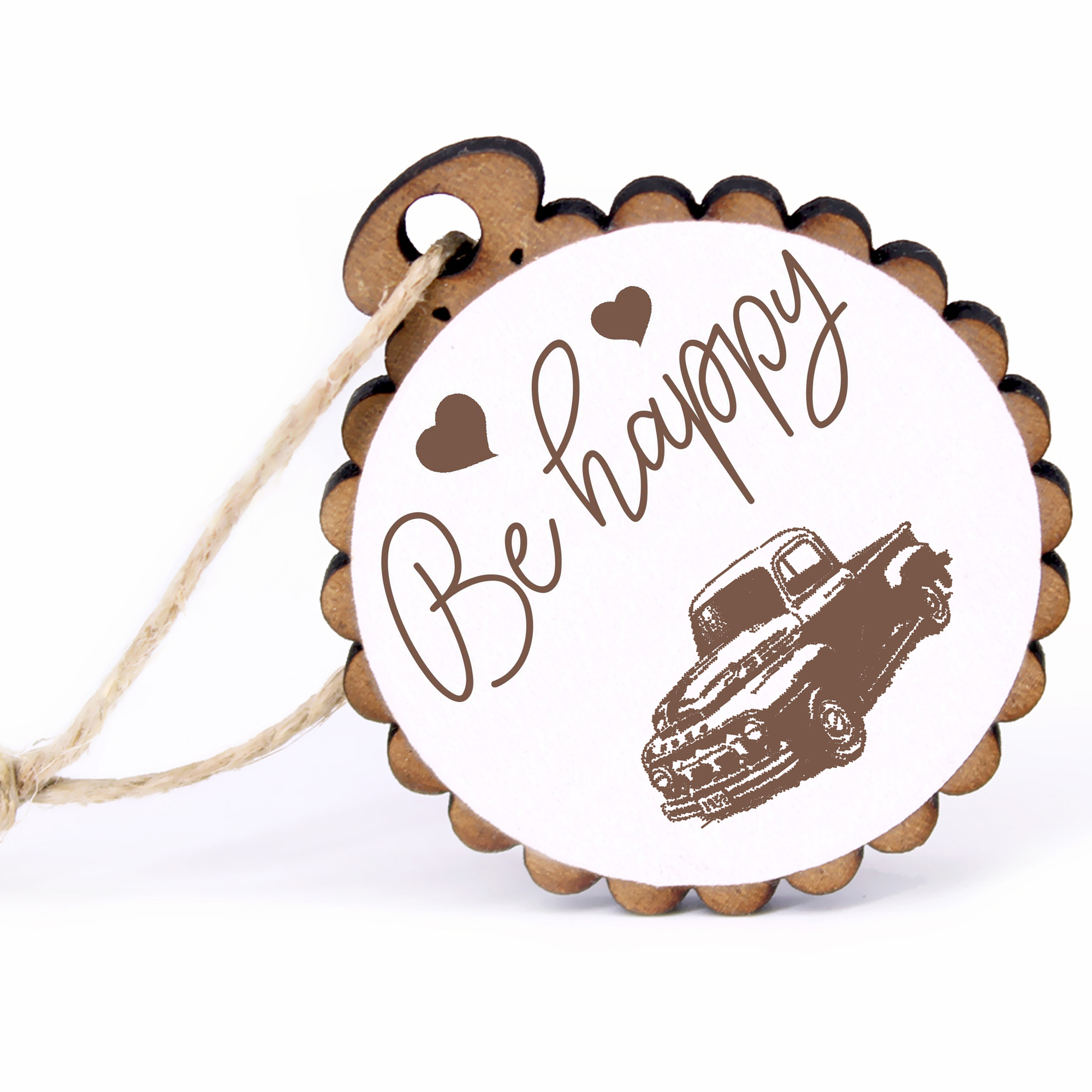 Geschenkanhänger - Be Happy Pickup -  Holz Ø-5cm - mit Juteband
