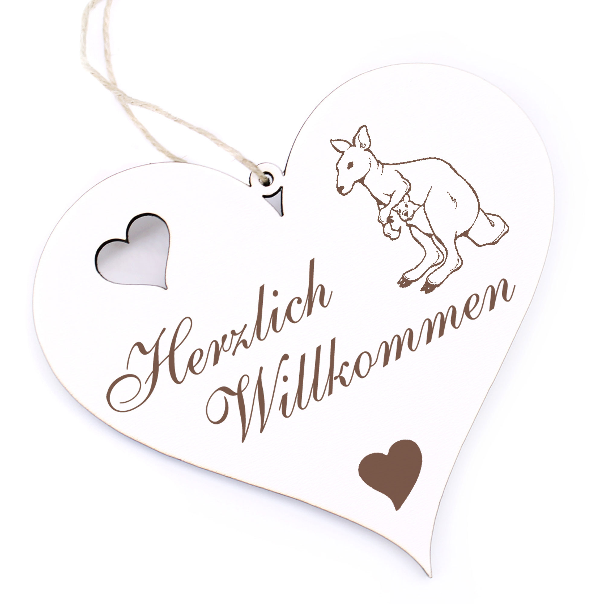 Herzlich Willkommen Schild - Känguru mit Baby - Deko Herz Holz