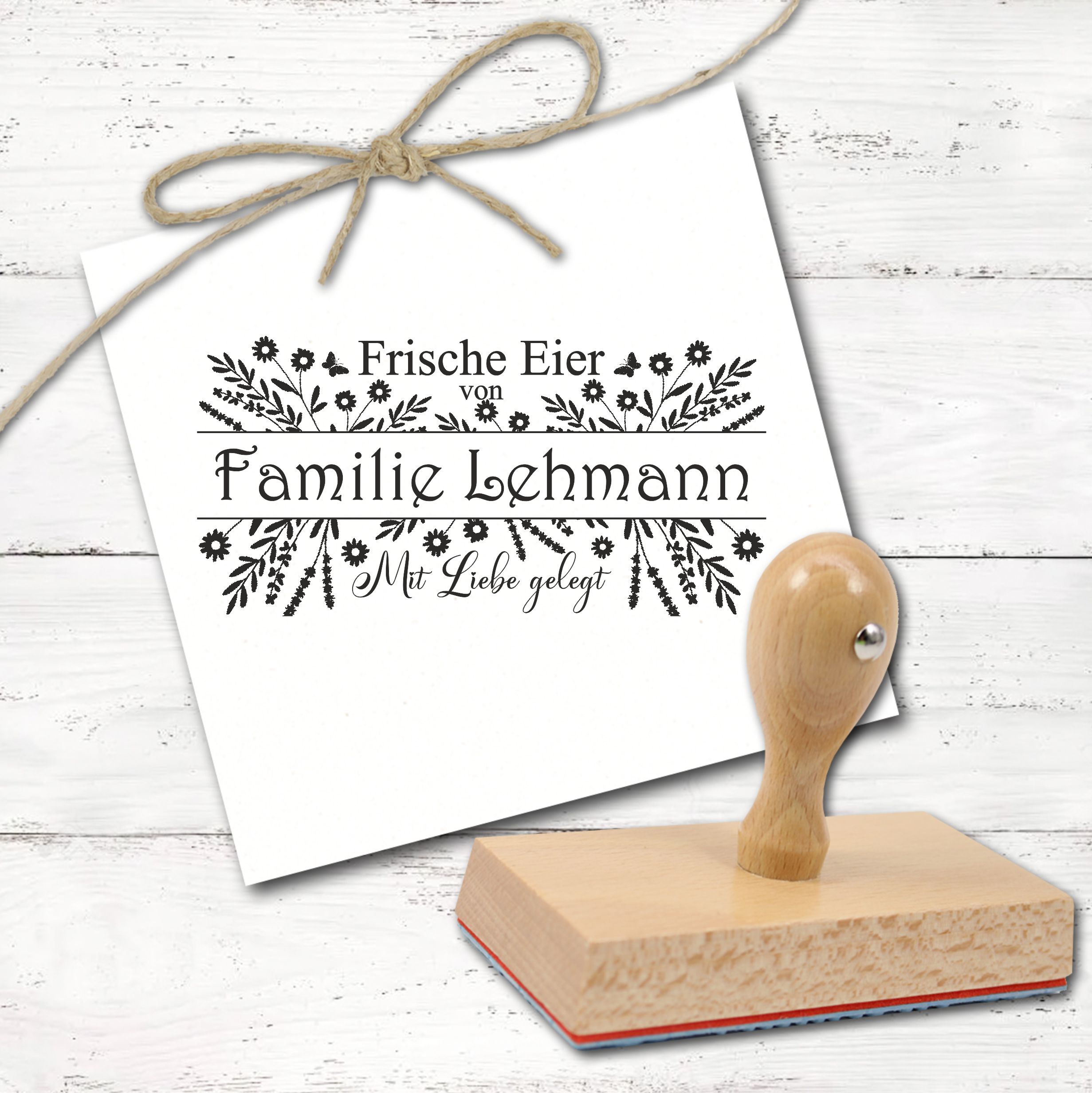 Stempel personalisiert Frische Eier von  - Mit Liebe gelegt - Eier Verpackung Motivstempel Blumen - Abdruck 100 x 50 mm