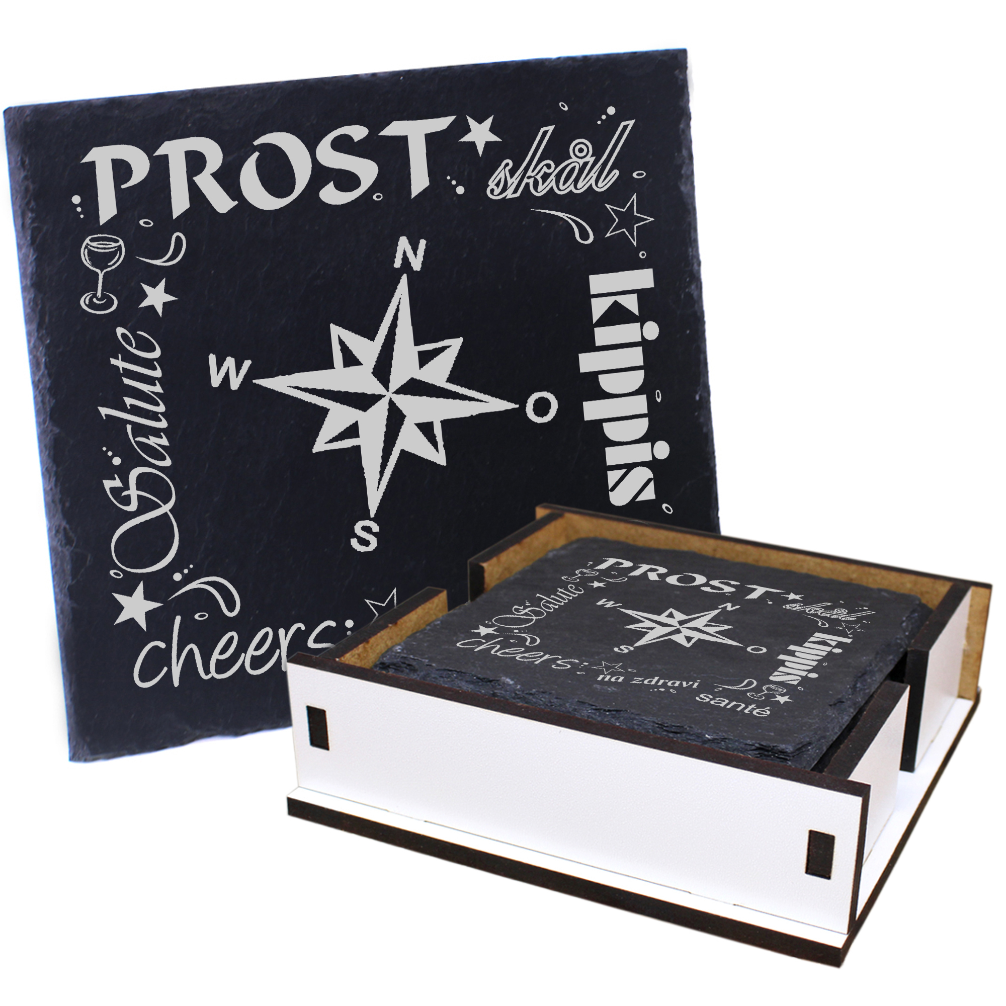 5 x Schiefer Untersetzer - Prost Windrose - inkl. Holzbox & Flaschenuntersetzer