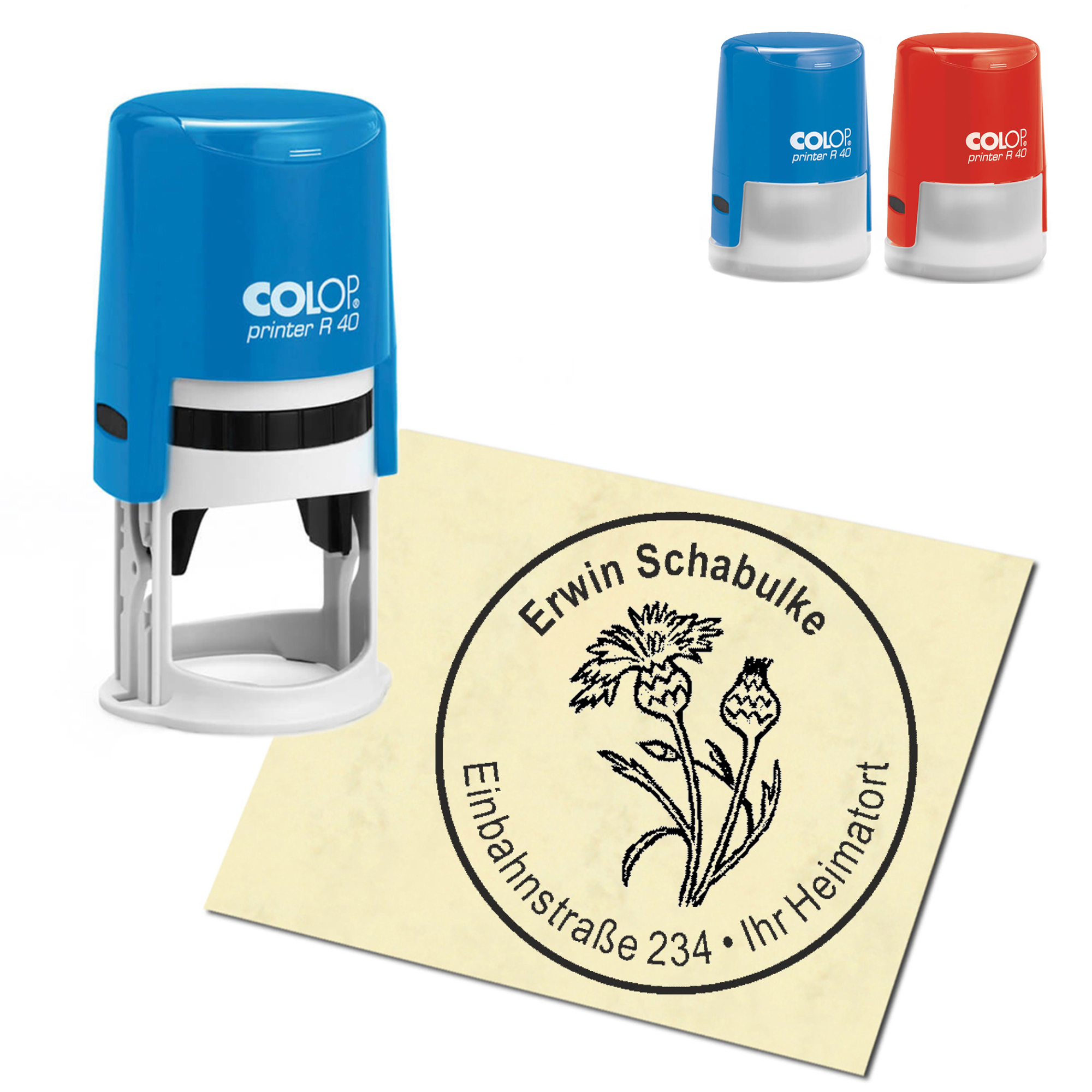 Stempel Adressstempel personalisiert - Kornblume - rund &empty; 40mm