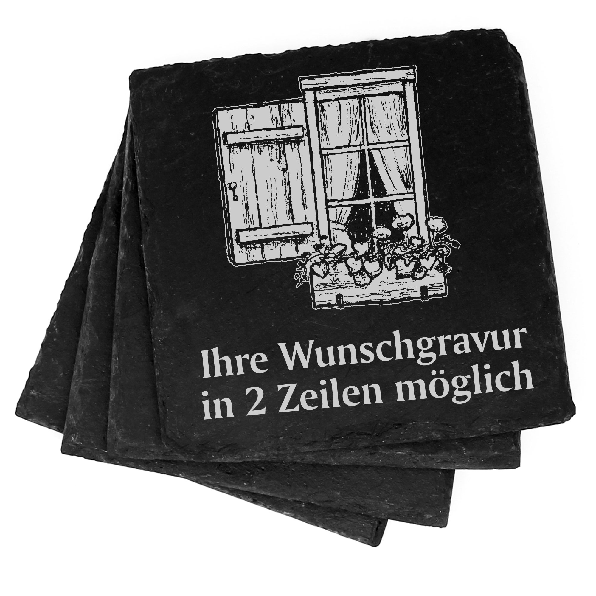 4x Fenster mit Blumenkasten Deko Schiefer Untersetzer Wunschgravur Set - 11 x 11 cm