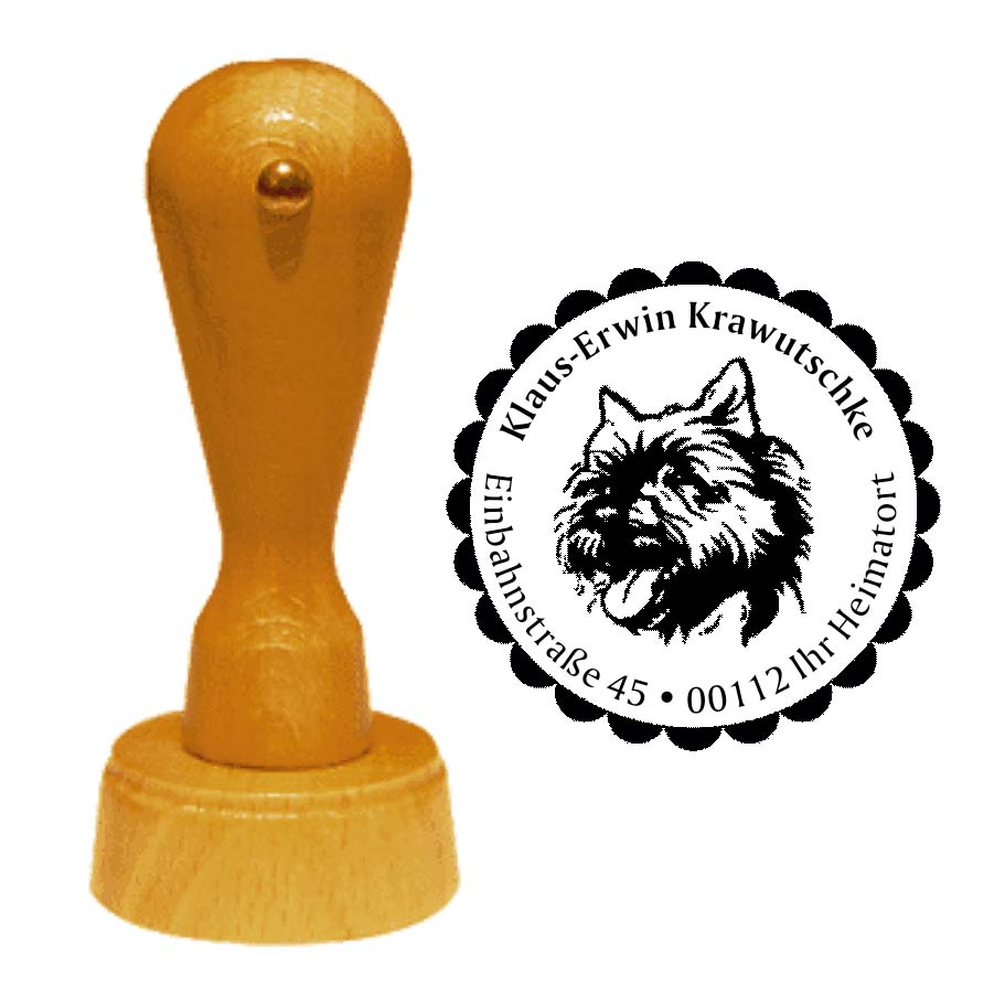 Adressstempel Cairn Terrier -  Holzstempel personalisiert mit Adresse - Ø 40 mm