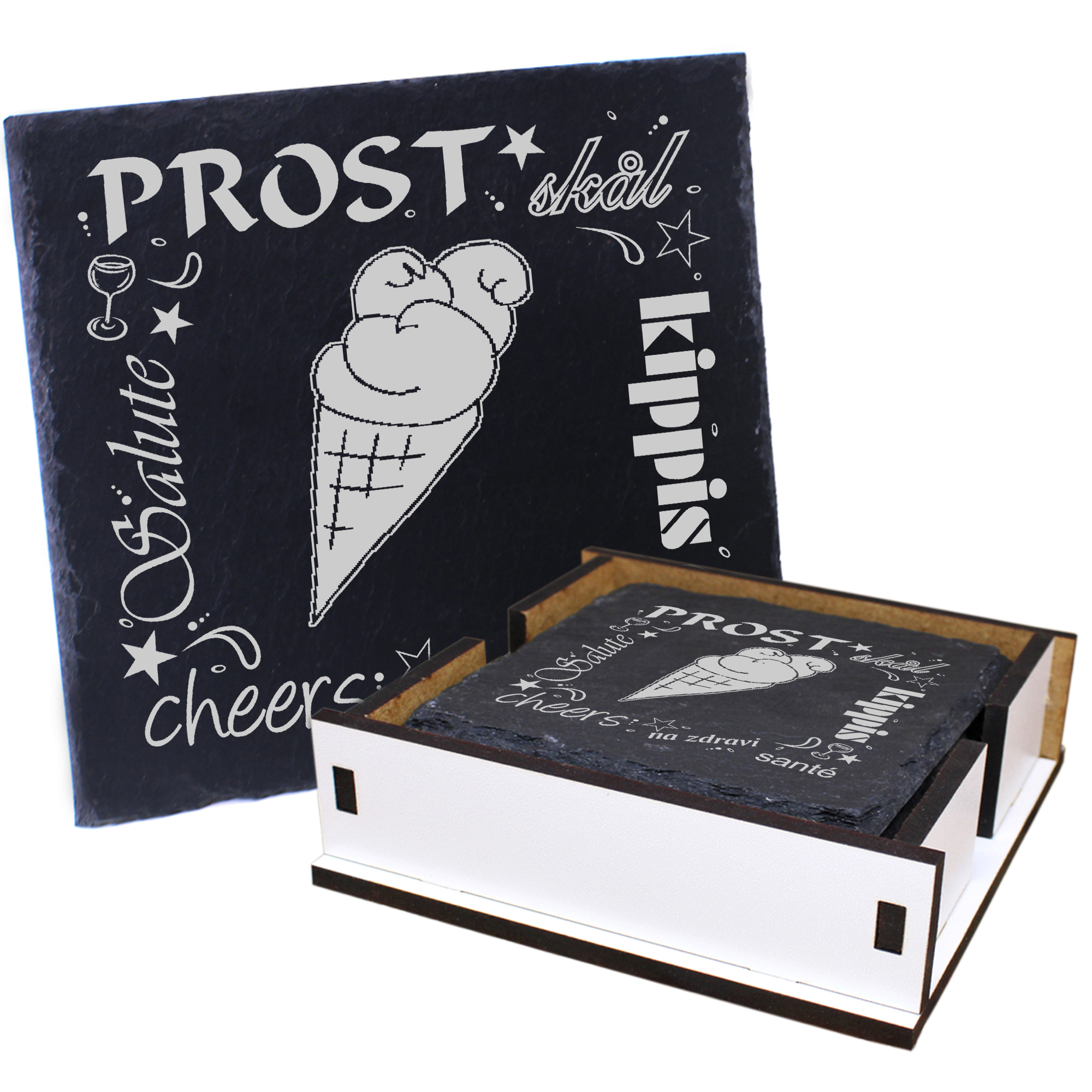 5 x Schiefer Untersetzer - Prost Eistüte - inkl. Holzbox & Flaschenuntersetzer