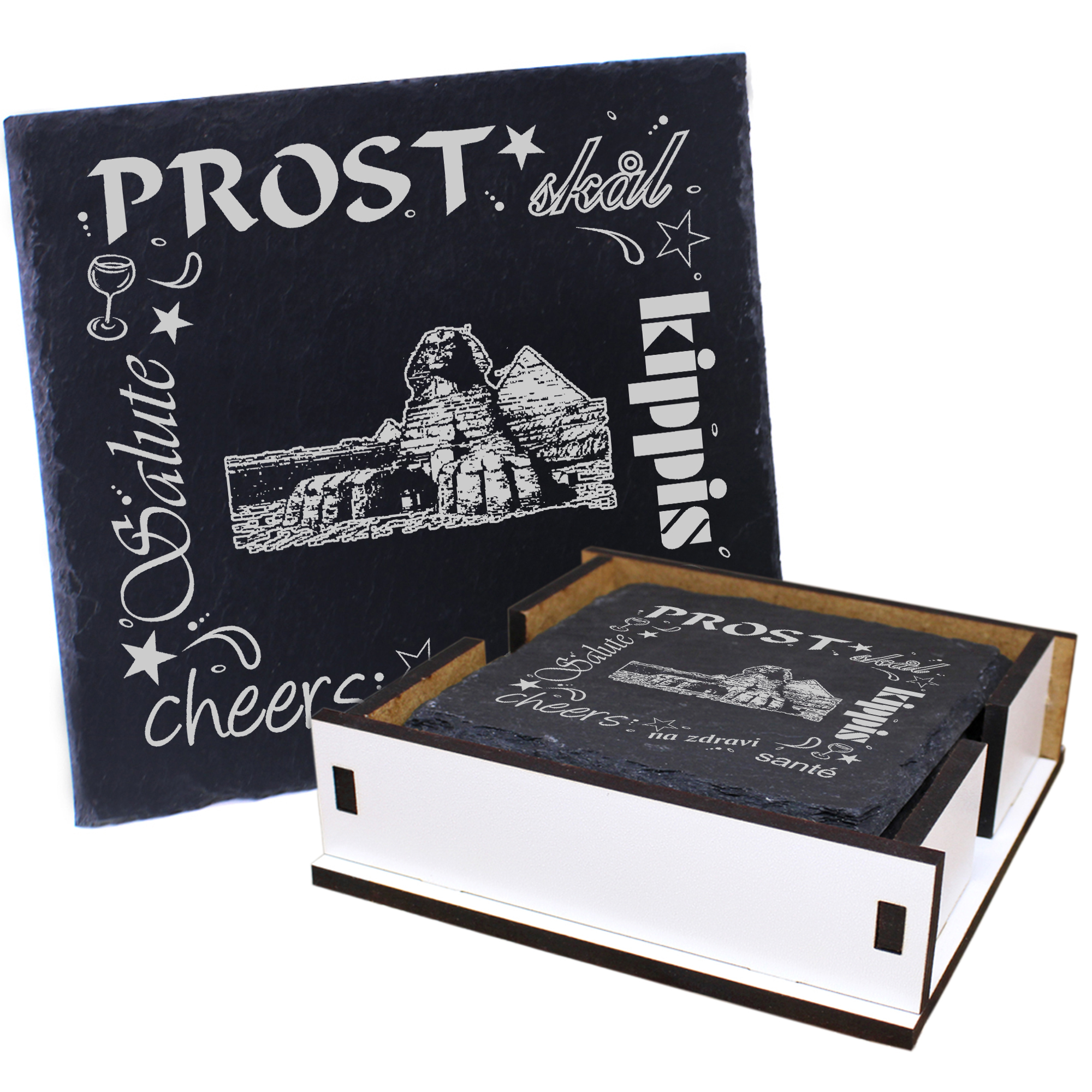 5 x Schiefer Untersetzer - Prost Große Sphinx von Gizeh - inkl. Holzbox & Flaschenuntersetzer