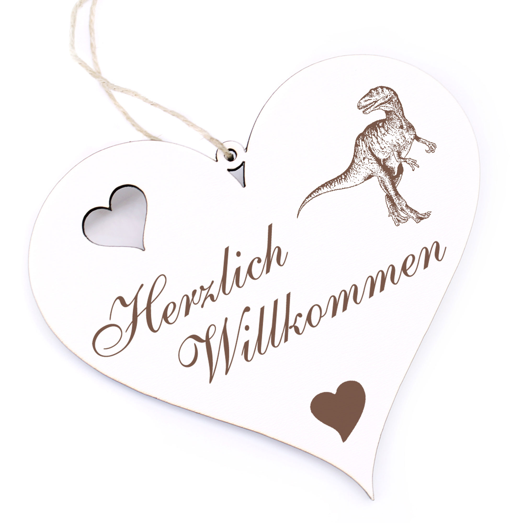 Herzlich Willkommen Schild - Dinosaurier Megalosaurus - Deko Herz Holz