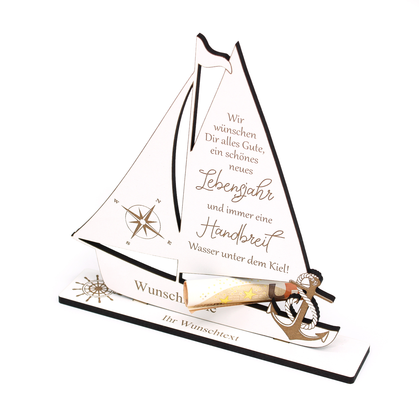 Geldgeschenk Schiff mit Spruch, Name und Wunschtext - Schild für Geld Gutschein ca. 20 x 20 cm