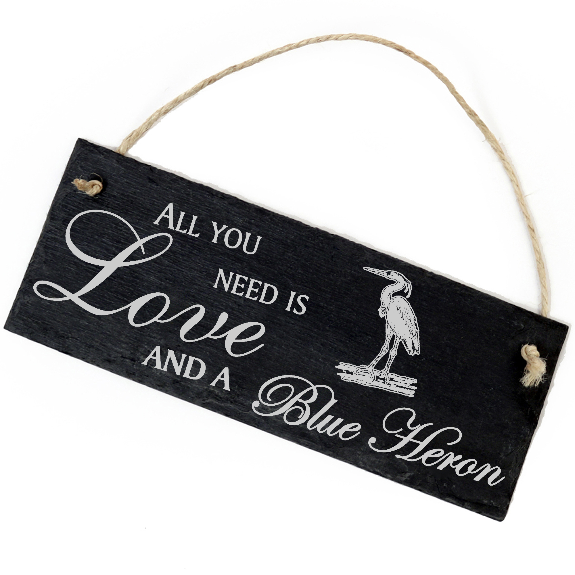 Schiefertafel Deko Blaureiher Schild 22 x 8 cm - All you need is Love and a Blue Heron