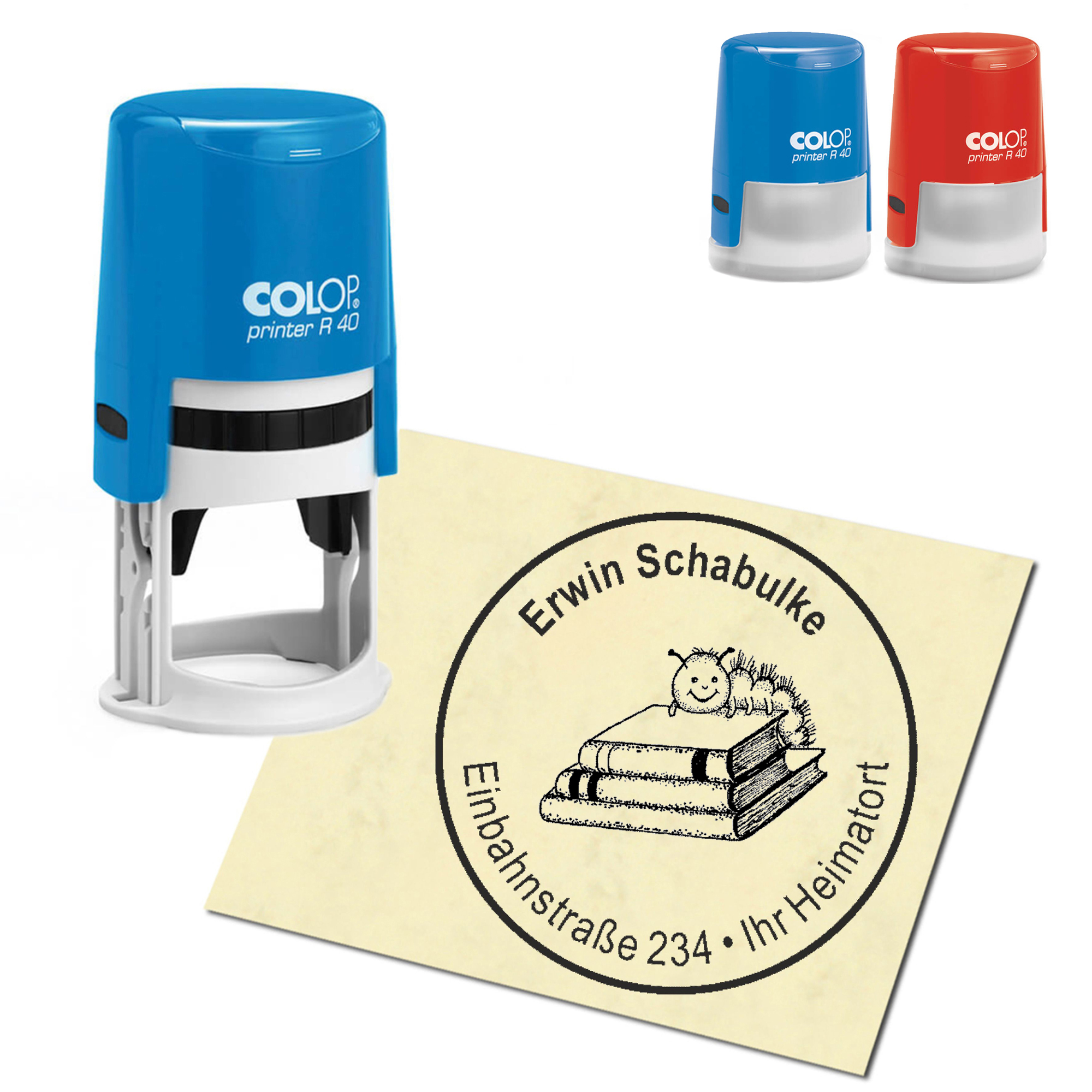 Stempel Adressstempel personalisiert - Bücherraupe - rund &empty; 40mm