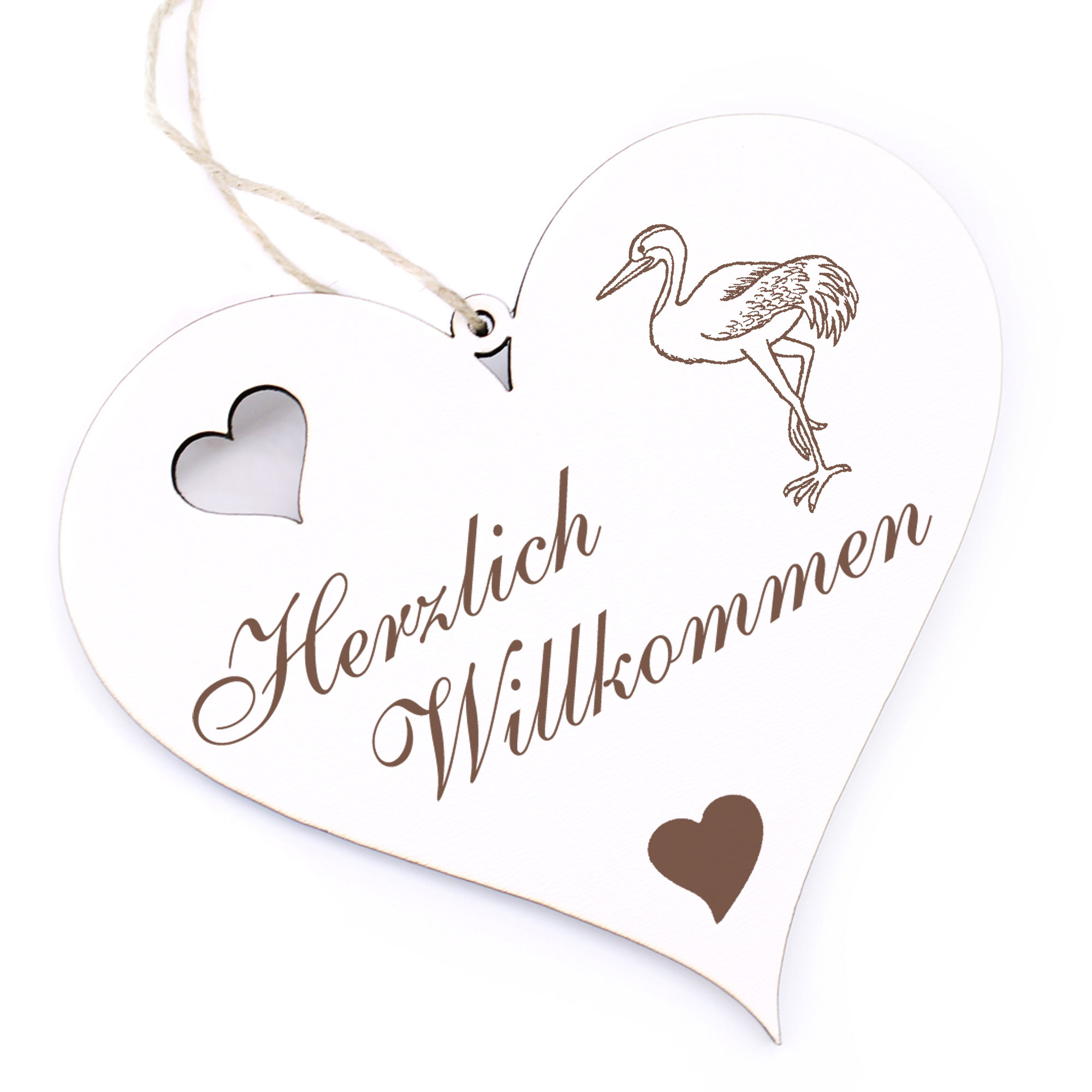Herzlich Willkommen Schild - Kranich - Deko Herz Holz