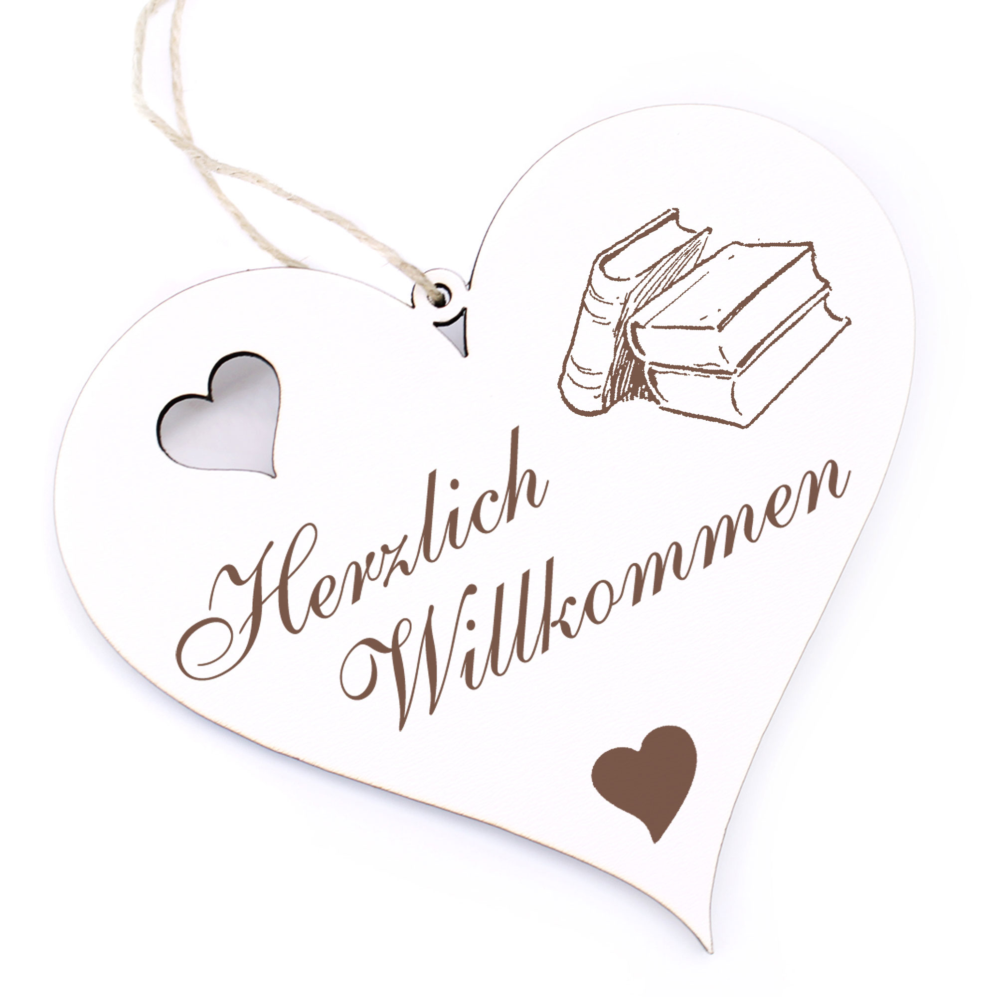 Herzlich Willkommen Schild - Bücher - Deko Herz Holz