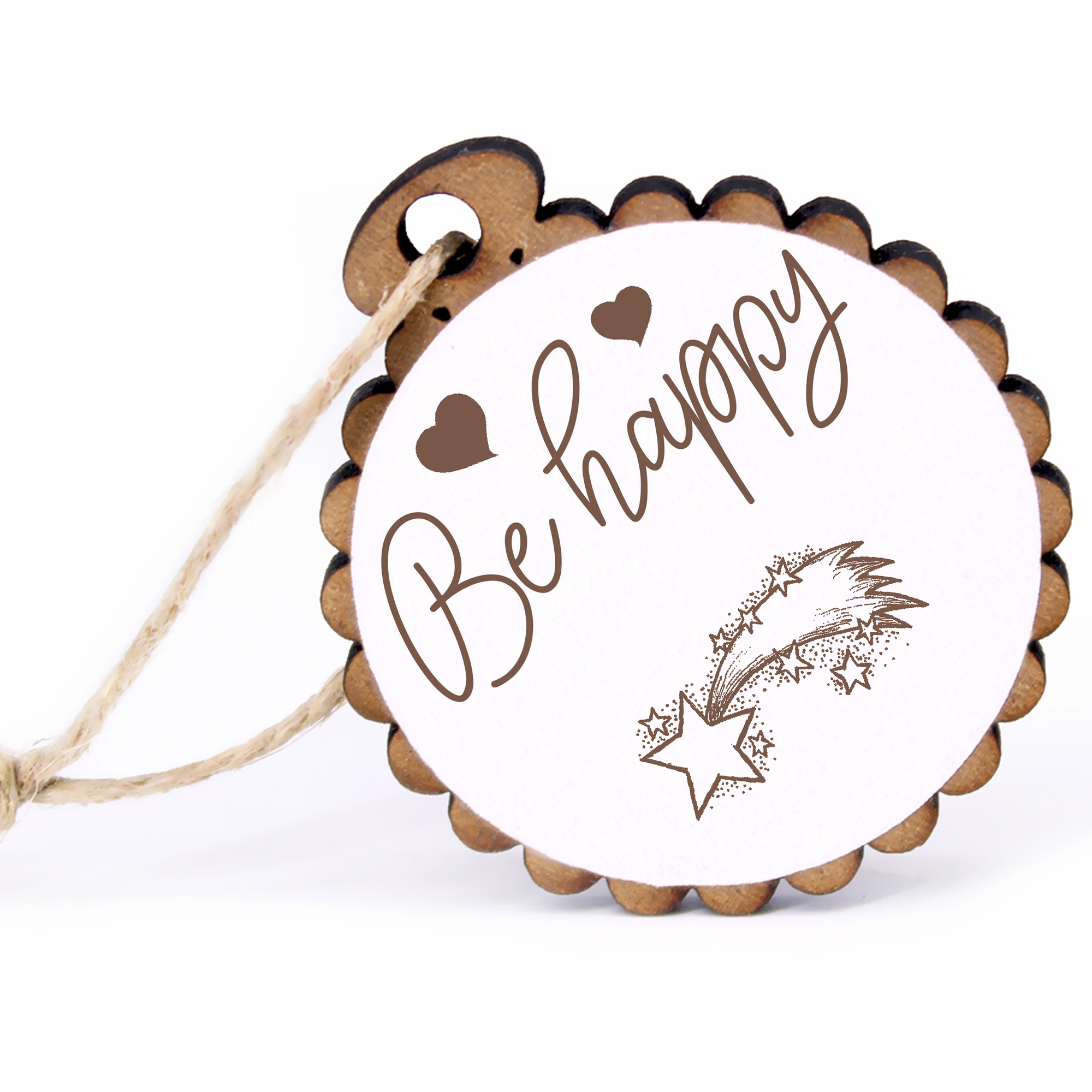 Geschenkanhänger - Be Happy Sternschnuppe -  Holz Ø-5cm - mit Juteband