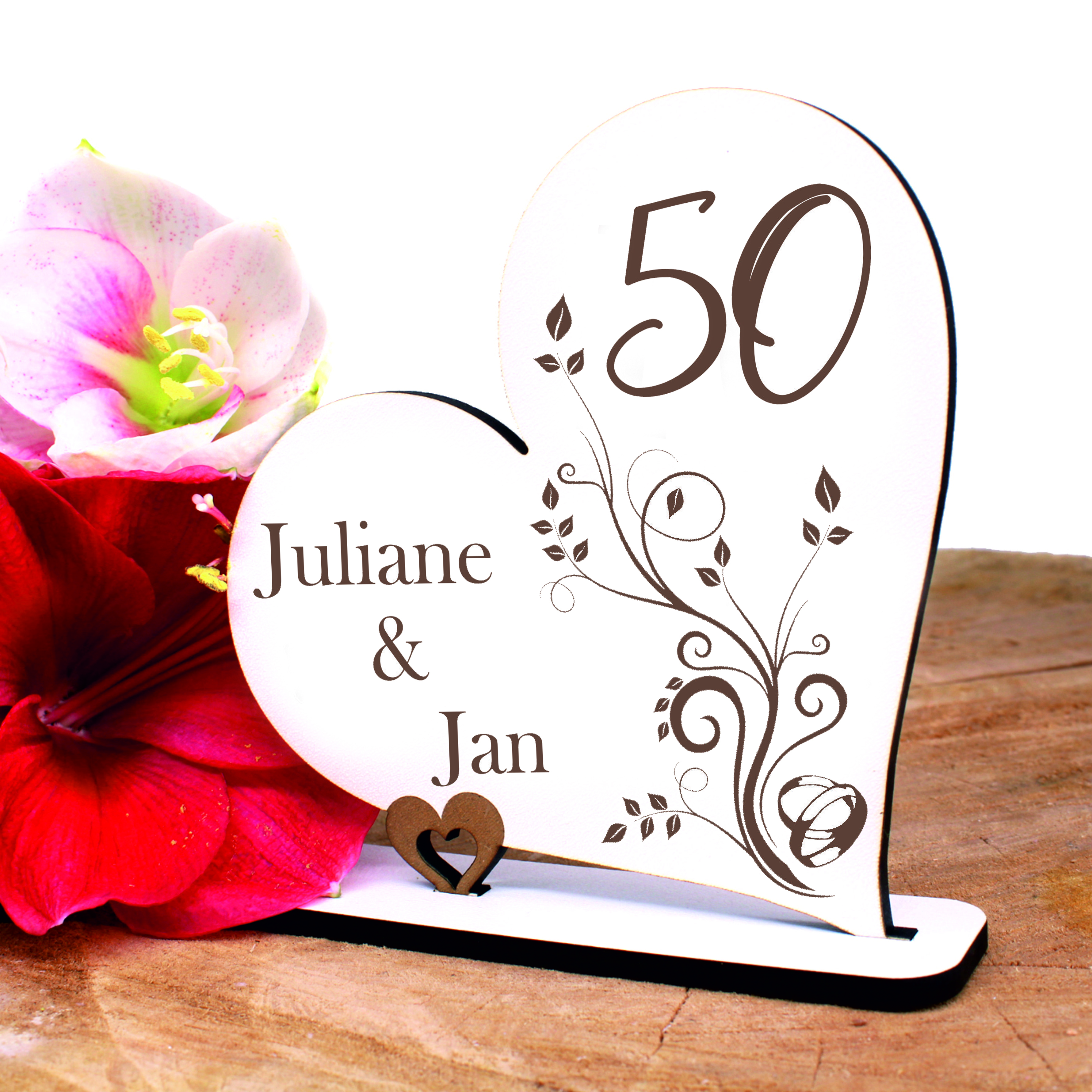 Goldene Hochzeit Deko Herz Hochzeitstag 50 Jahre Jubiläum personalisiert Holz Aufsteller 15 x 15 cm