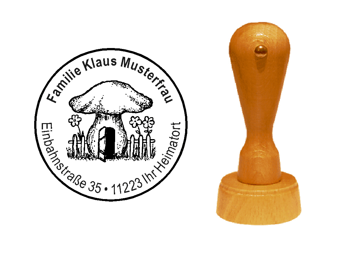 « Pilzhaus » Holzstempel mit persönlichem Wunschtext